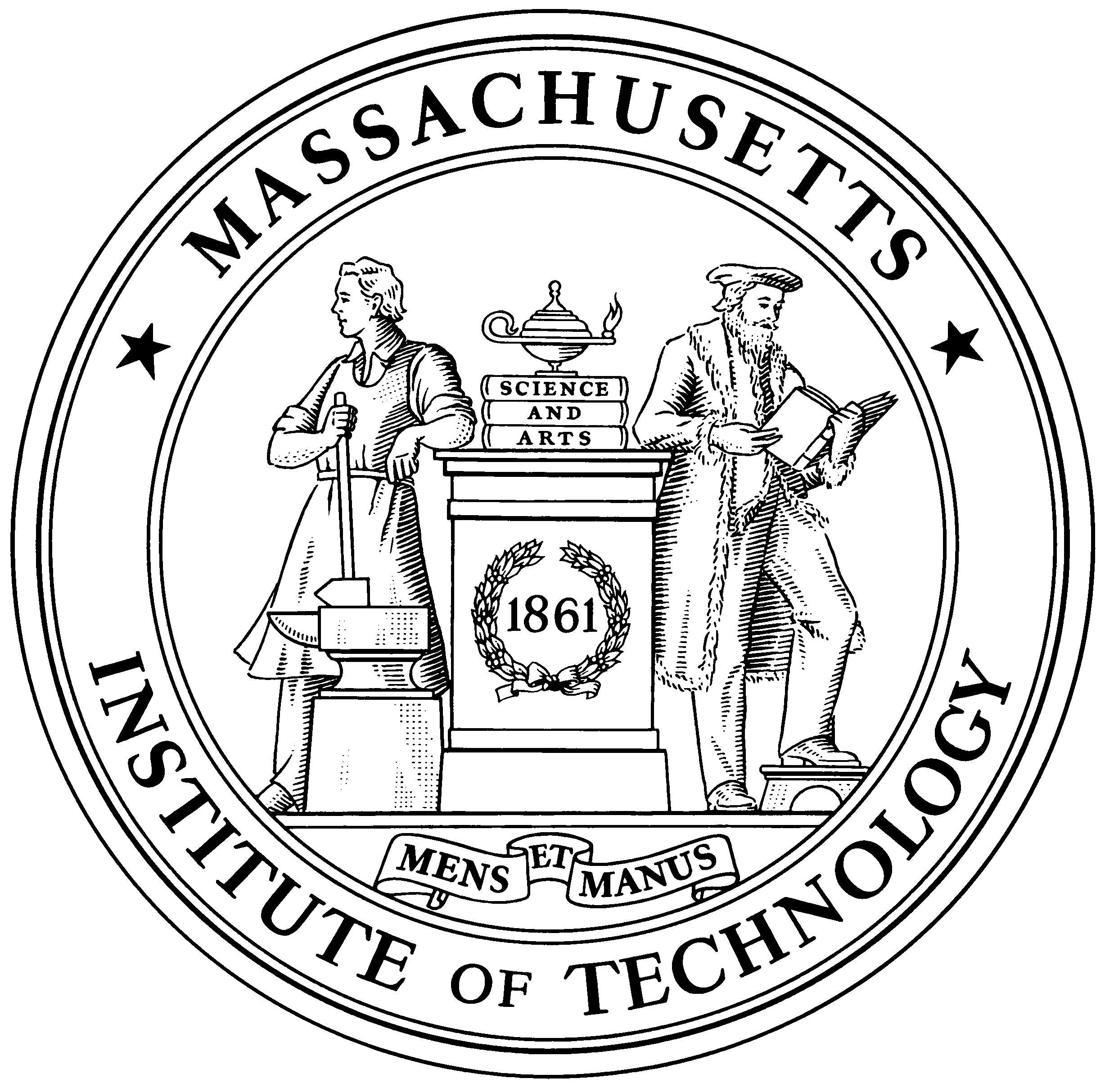 MIT 印章，有兩個人像和格言 mens et manus