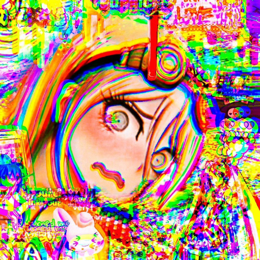 Miu 的 Glitchcore 壁紙 — 一個帶有彩虹扭曲和漂浮文字的故障藝術動漫女孩，身處迷幻的數碼爆炸中。