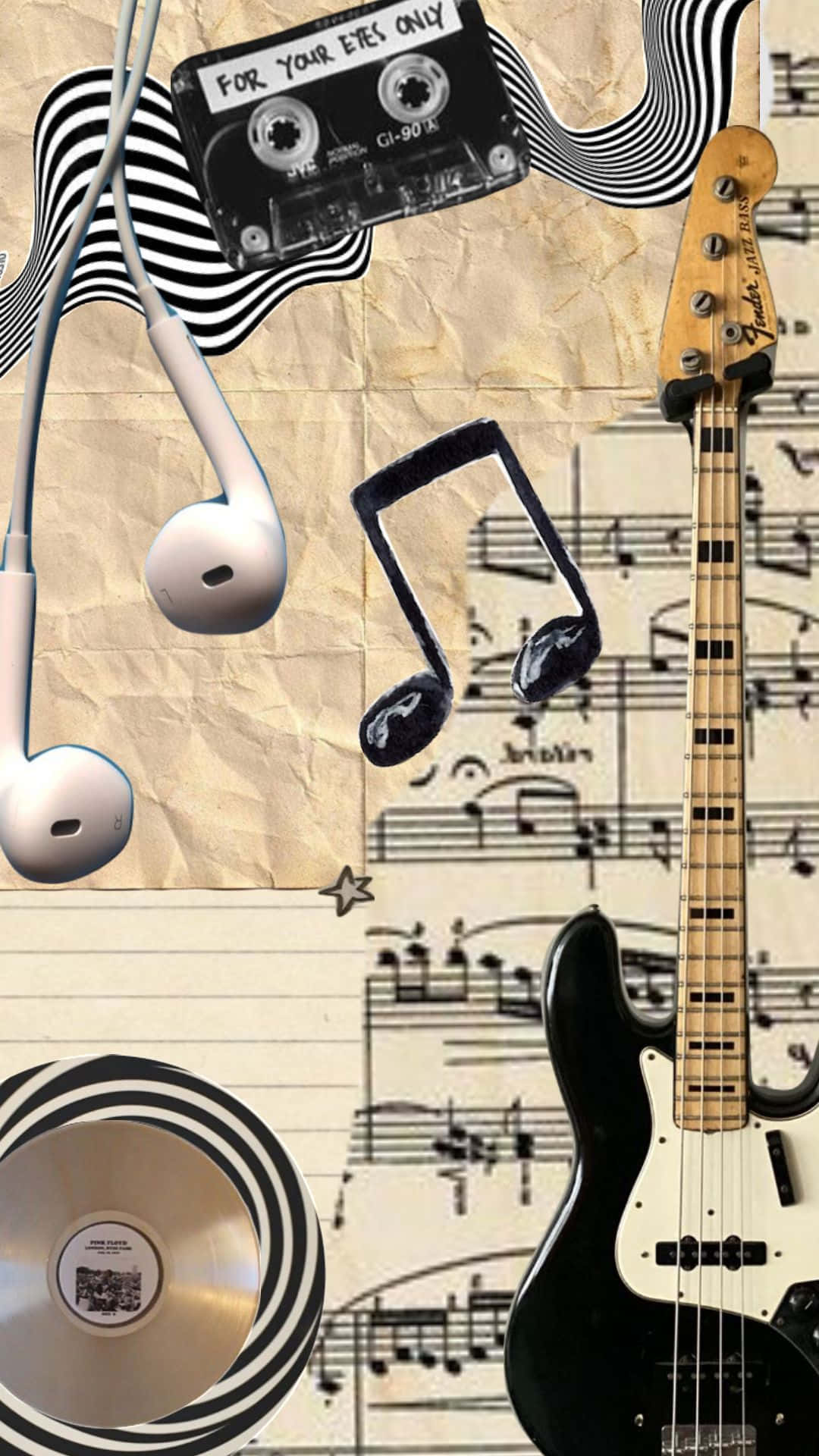 與親友分享最愛音樂 - Mixtape 壁紙 — 一個音樂設備拼貼，包括低音結他、卡式錄音帶和耳塞，放在皺巴巴的樂譜上，帶有醒目的黑白條紋。