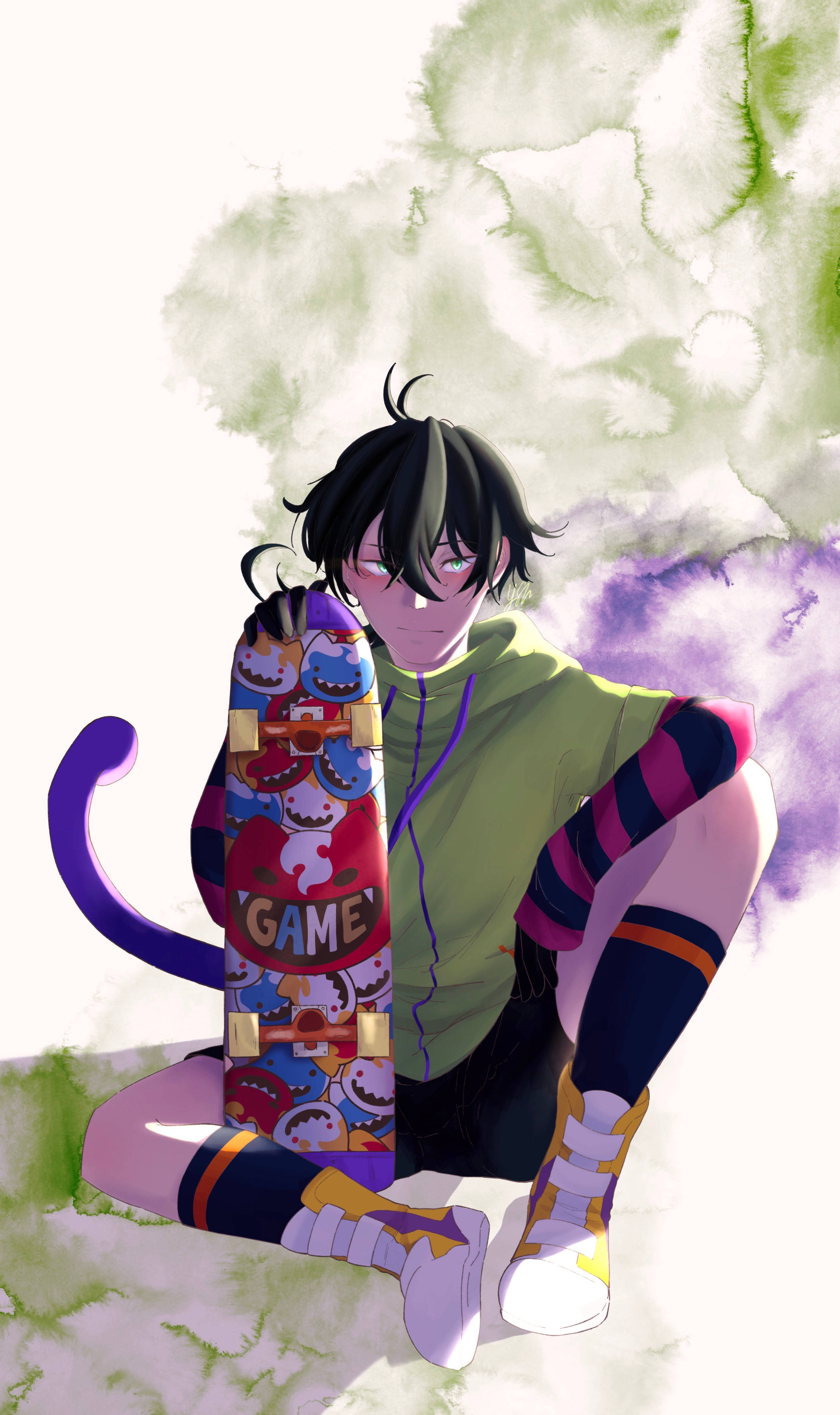 Miya Chinen 持 Game 滑板 壁紙 — 一個風格化的動漫男孩，黑髮紫眼，坐在柔和的綠色和紫色水彩背景前，手持一塊帶有遊戲主題圖案的彩色滑板。