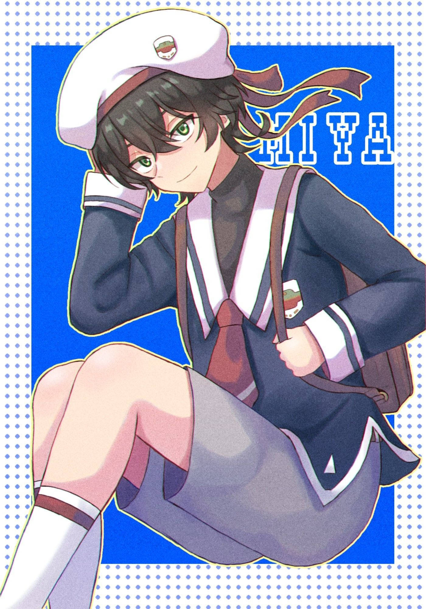 Miya Chinen 校服造型 壁紙 — 一個開心的動漫女孩穿著水手服，坐在帶有虛線邊框的鮮藍色背景前微笑。