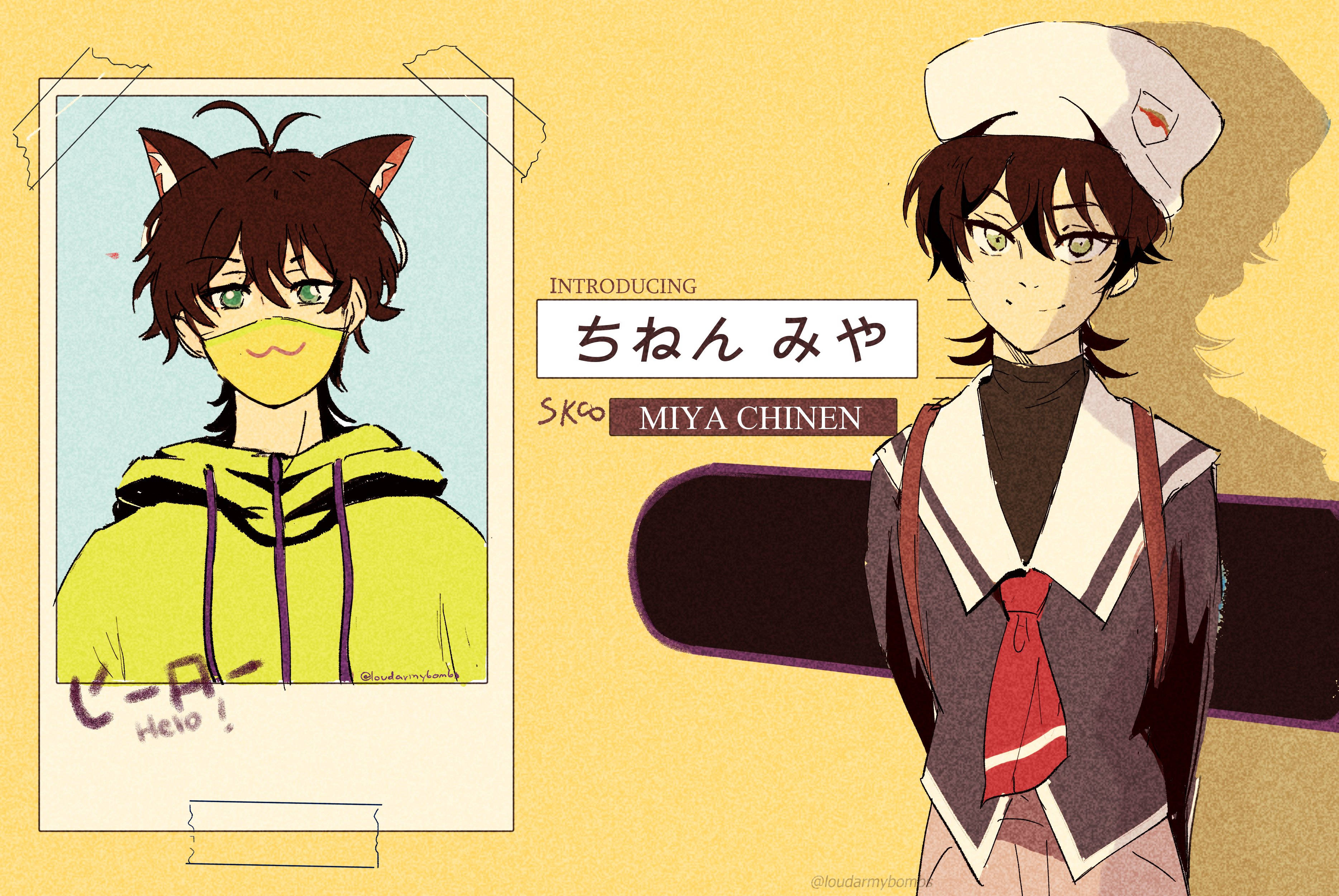 Miya Chinen 極簡拍立得風格 壁紙 — 一個戴著貓耳、穿著黃色連帽衫的可愛動漫角色在寶麗來照片中微笑，旁邊是同一角色的護士裝版本。