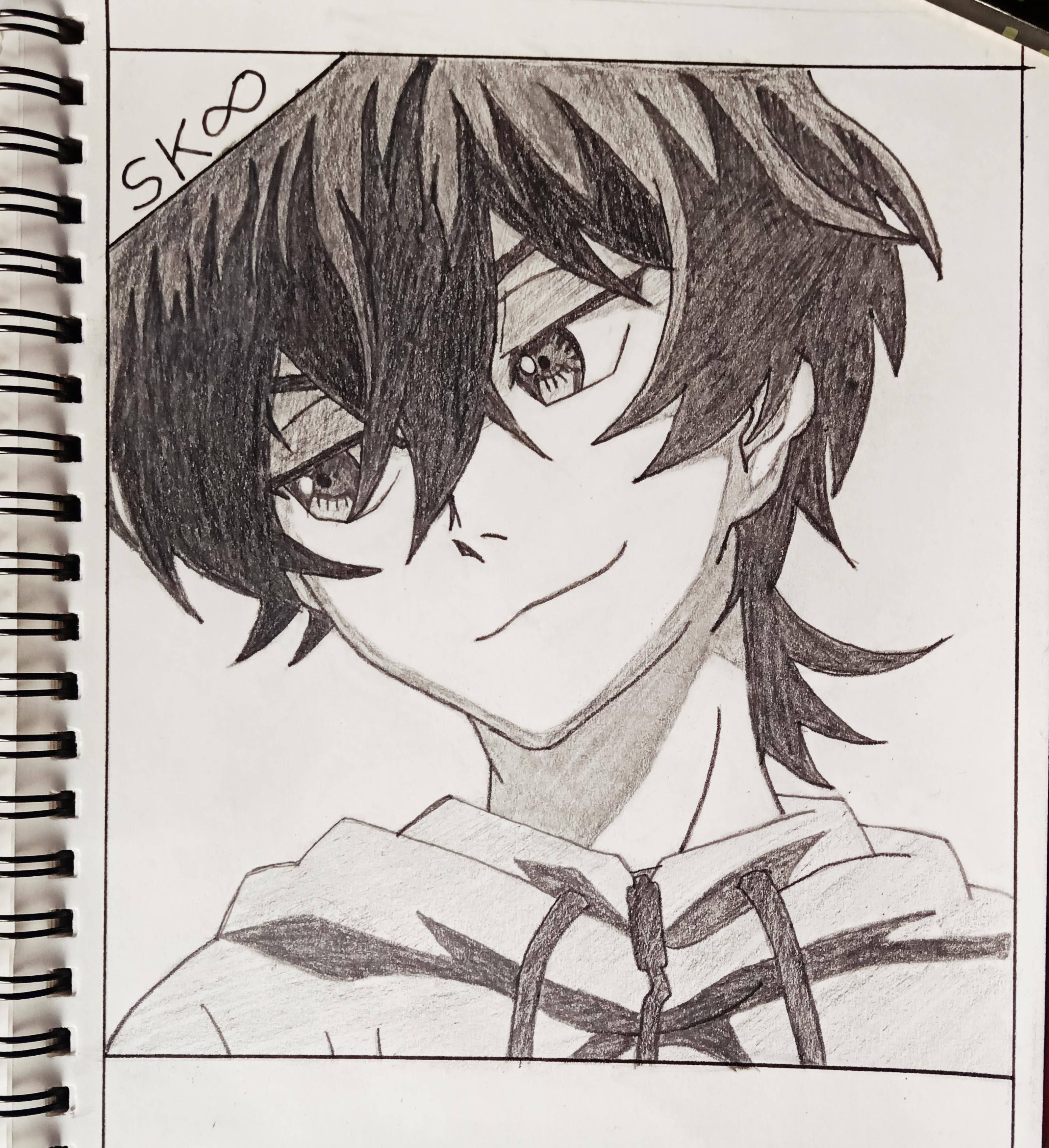 Miya Chinen 素描畫像 壁紙 — 一幅詳細的鉛筆素描，描繪了一個動漫風格的男性角色，擁有尖刺頭髮和連帽衫，畫在素描本中。