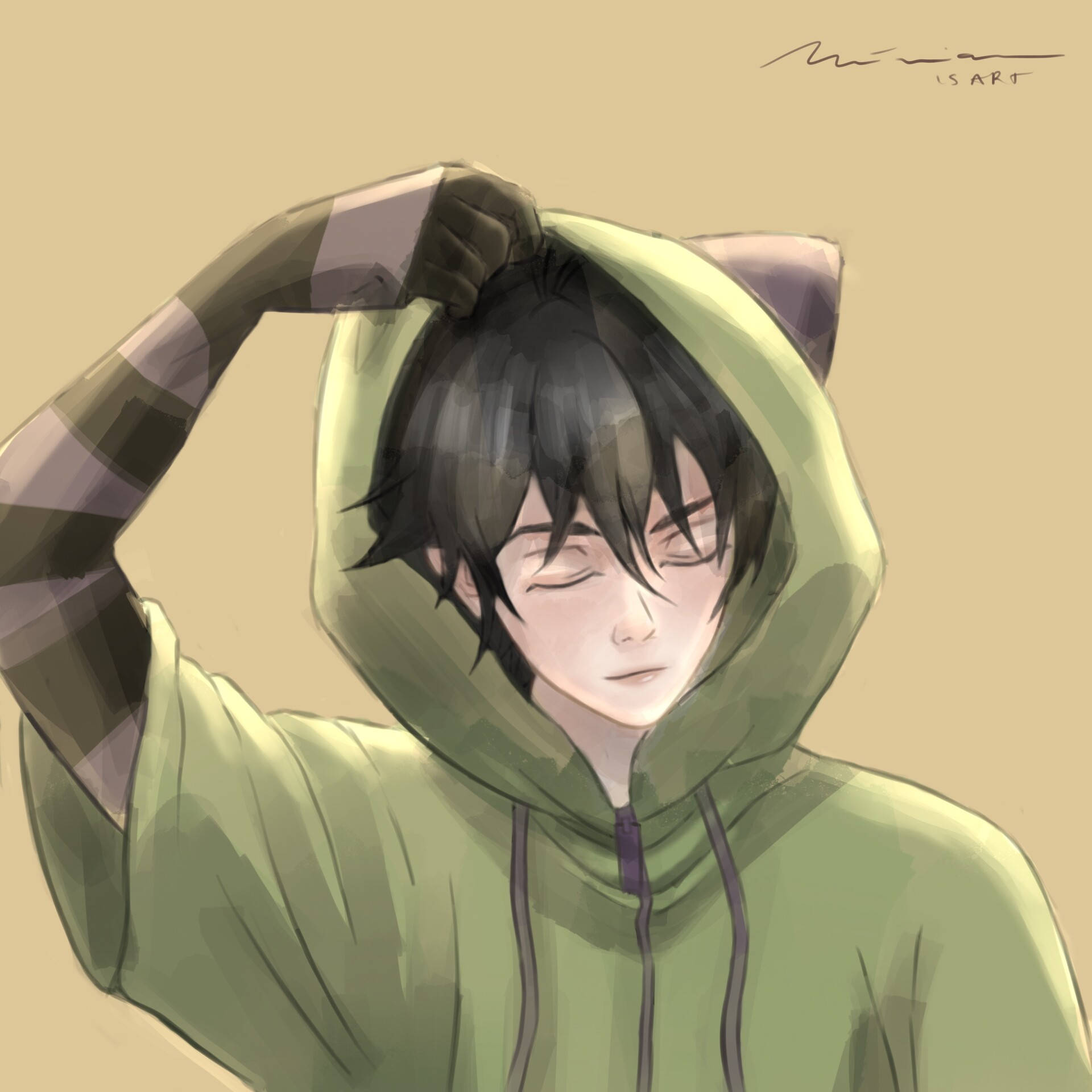 Miya Chinen 綠色夾克 壁紙 — 一個年輕的動漫角色穿著帶有貓耳的綠色連帽衫，在閉眼平靜休息時輕輕調整他們的帽子。