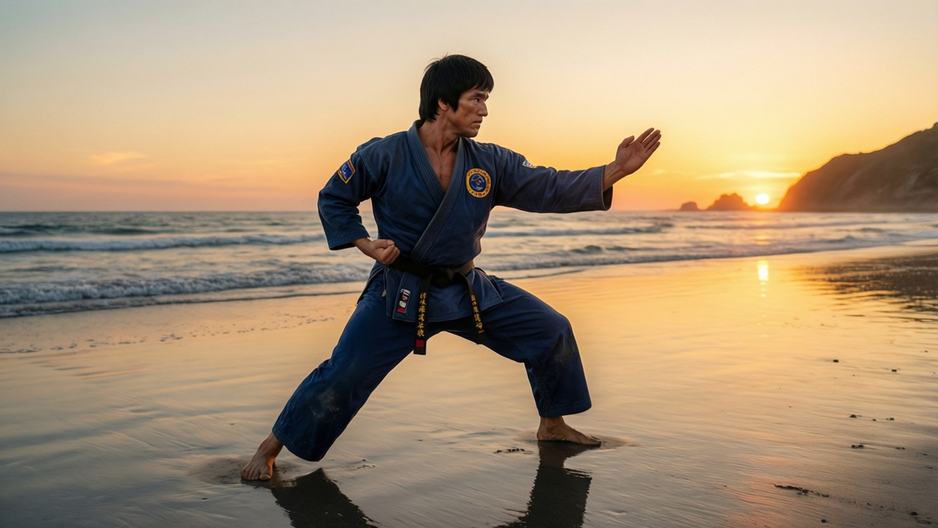 一位身穿藍色道服的武術家在日落時分的濕沙灘上擺出戰鬥姿勢。
