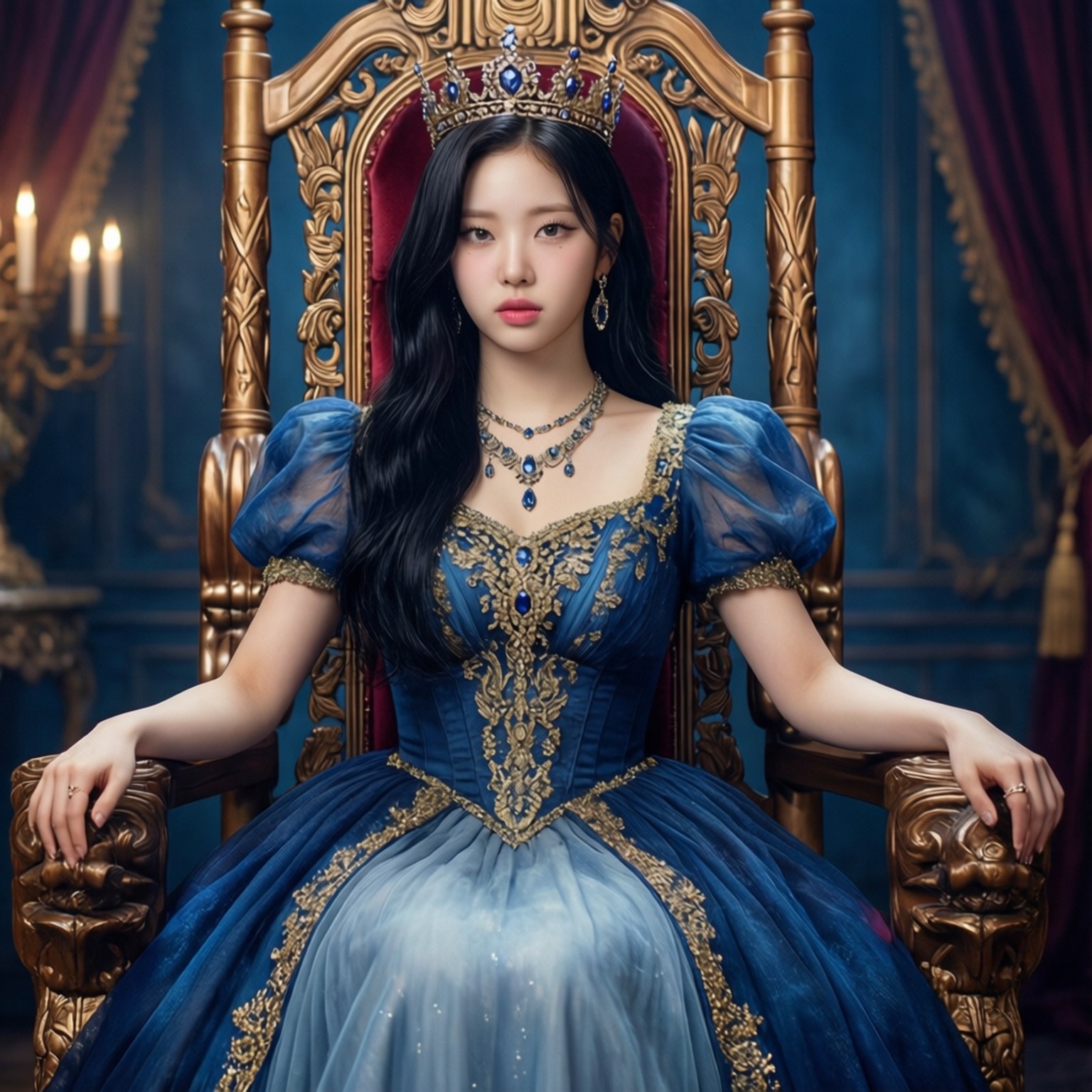 一位身穿藍色禮服的女王，坐在皇家殿堂的金色王座上。