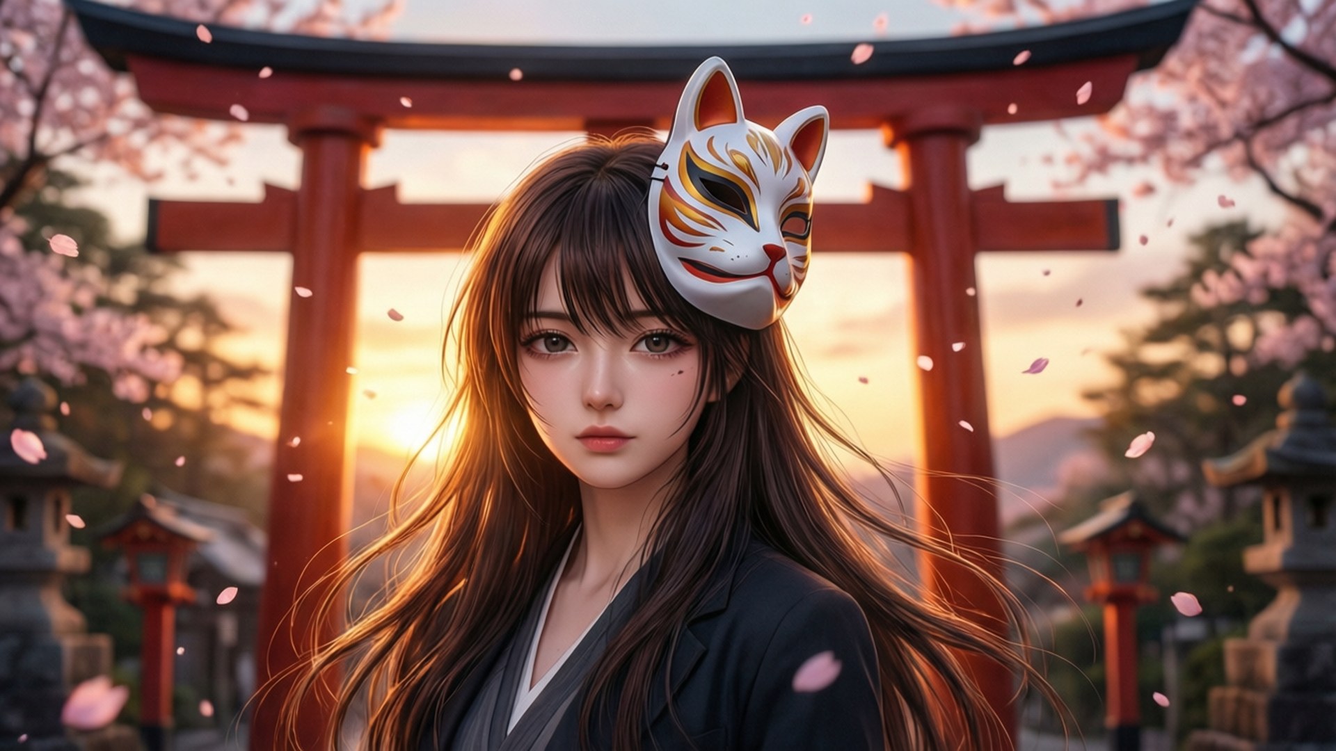 年輕女子戴狐狸面具在鳥居附近，夕陽下櫻花飄落