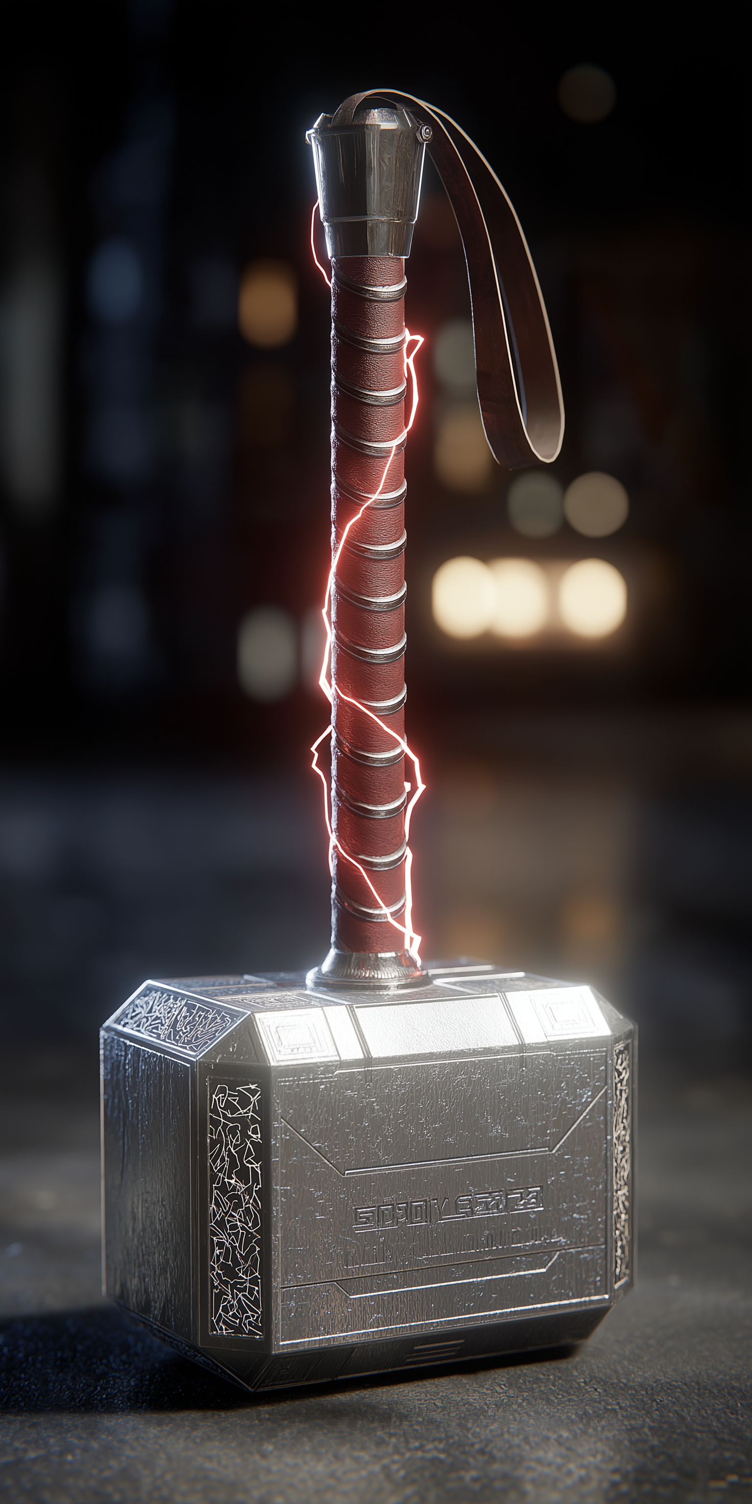 索爾之錘 Mjolnir 壁紙 — 雷神之鎚妙爾尼爾，纏繞的握柄上閃爍著紅色閃電，背景昏暗模糊。