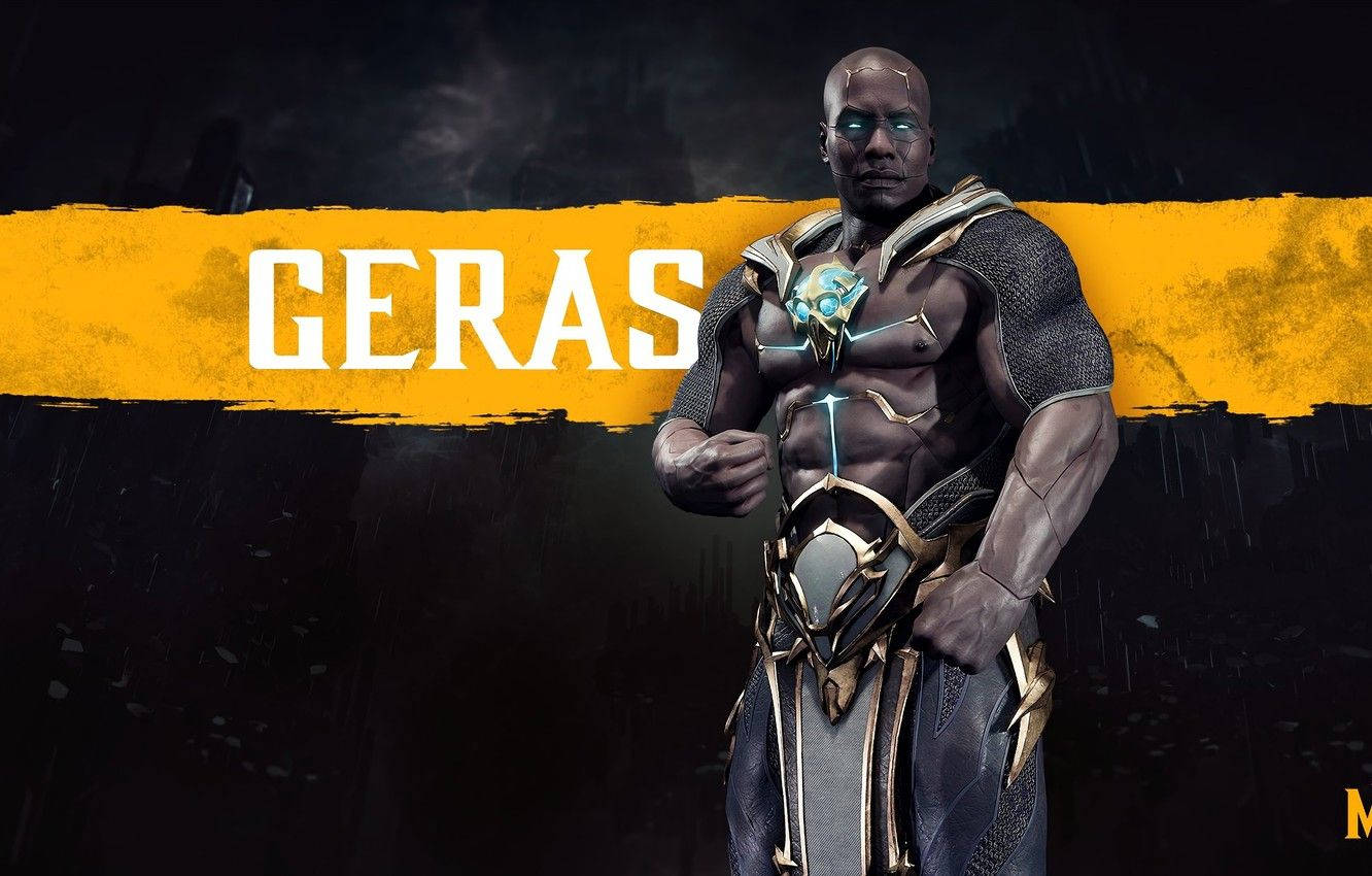 MK11 強大角色 Geras 海報 壁紙 — 一個肌肉發達、身穿盔甲的戰士名叫 Geras，站在黑暗風暴環境中，擁有發光的藍色眼睛和背後一面大膽的黃色旗幟。