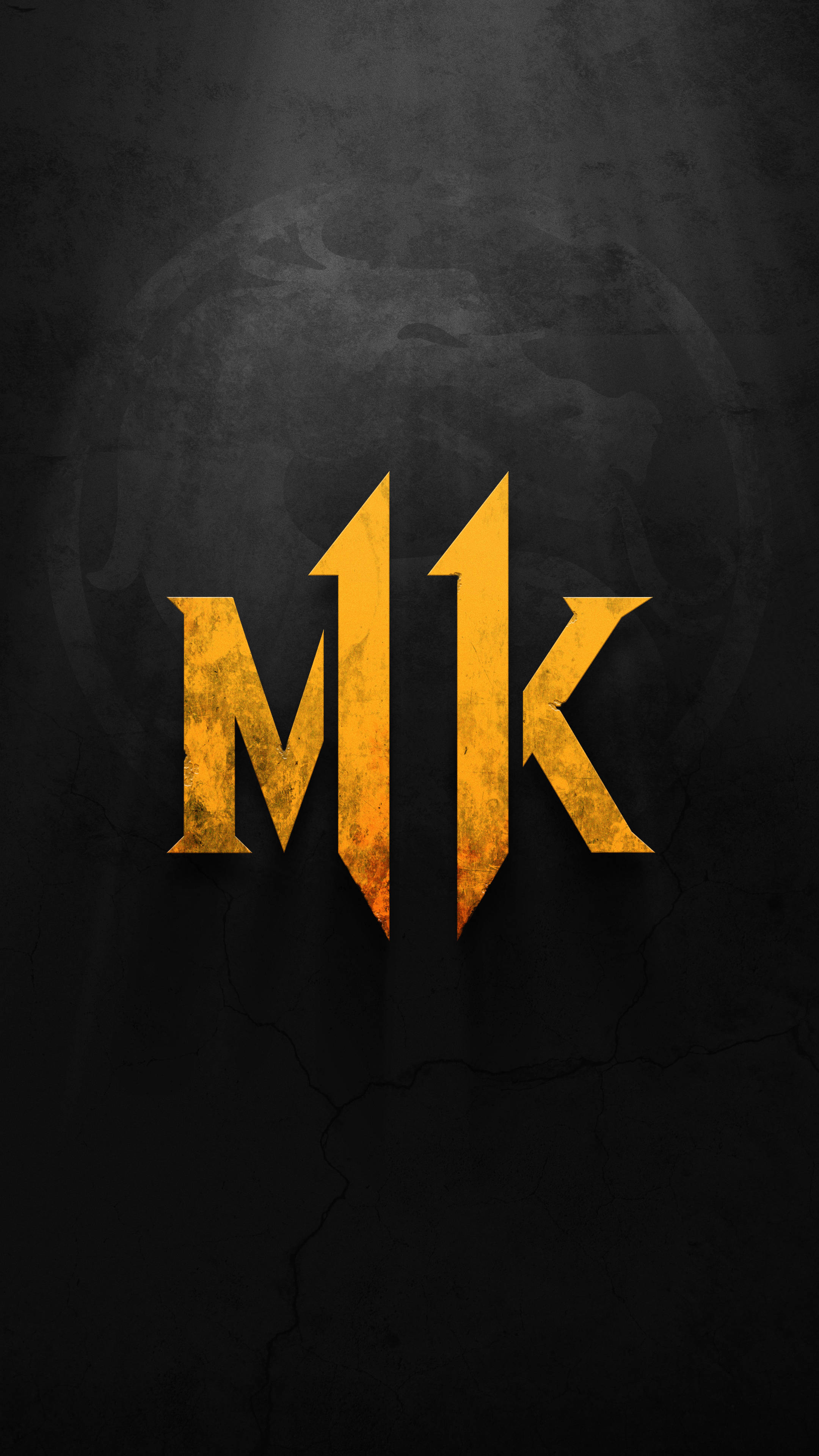 MK11 暗黑極簡風 壁紙 — 金色MK標誌在裂紋暗背景上發光，帶有微弱地球輪廓。