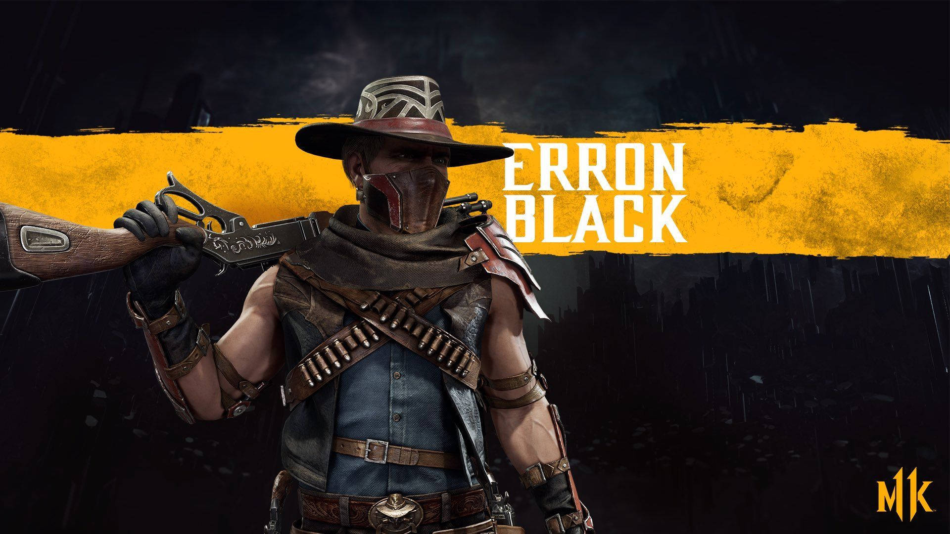 Erron Black，一個蒙面牛仔電子遊戲角色，在雨中手持獵槍。