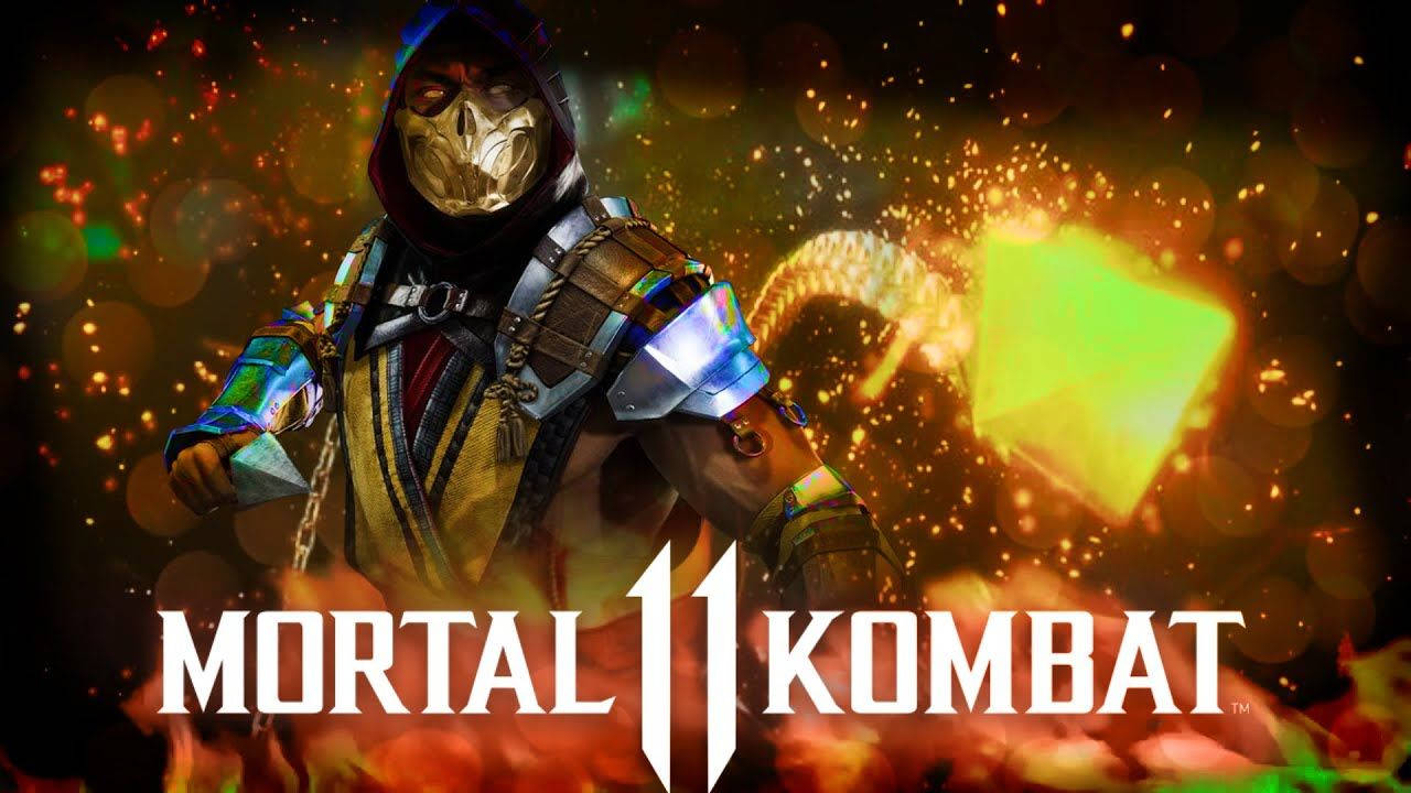 Mortal Kombat 11 身穿盔甲的戰士在火焰背景下揮舞發光武器。