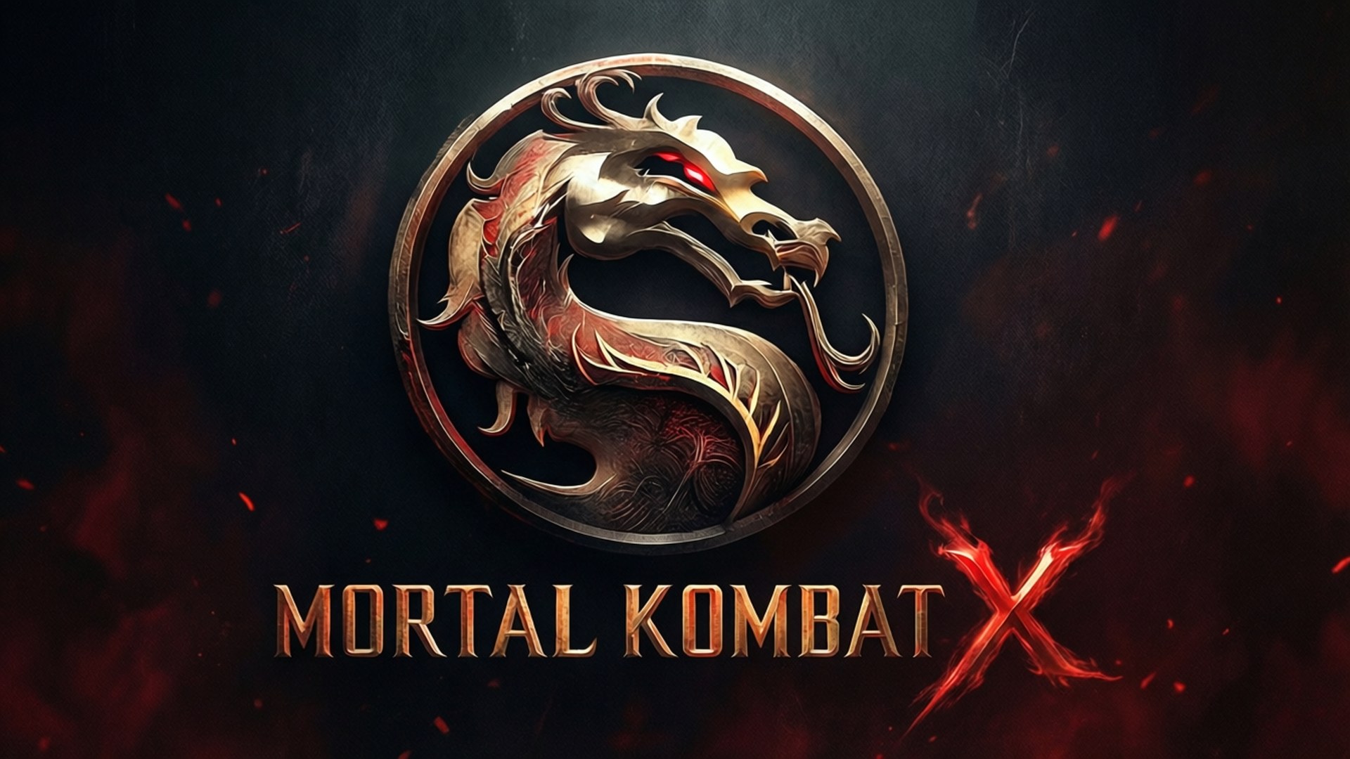 Mortal Kombat X 標誌，在黑暗火焰背景上展示一隻紅眼金色龍。