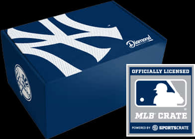 洋基隊官方MLB紙箱 壁紙 — 一個藍色MLB洋基隊棒球卡盒，帶有白色交錯NY標誌和官方授權印章，背景為黑色。