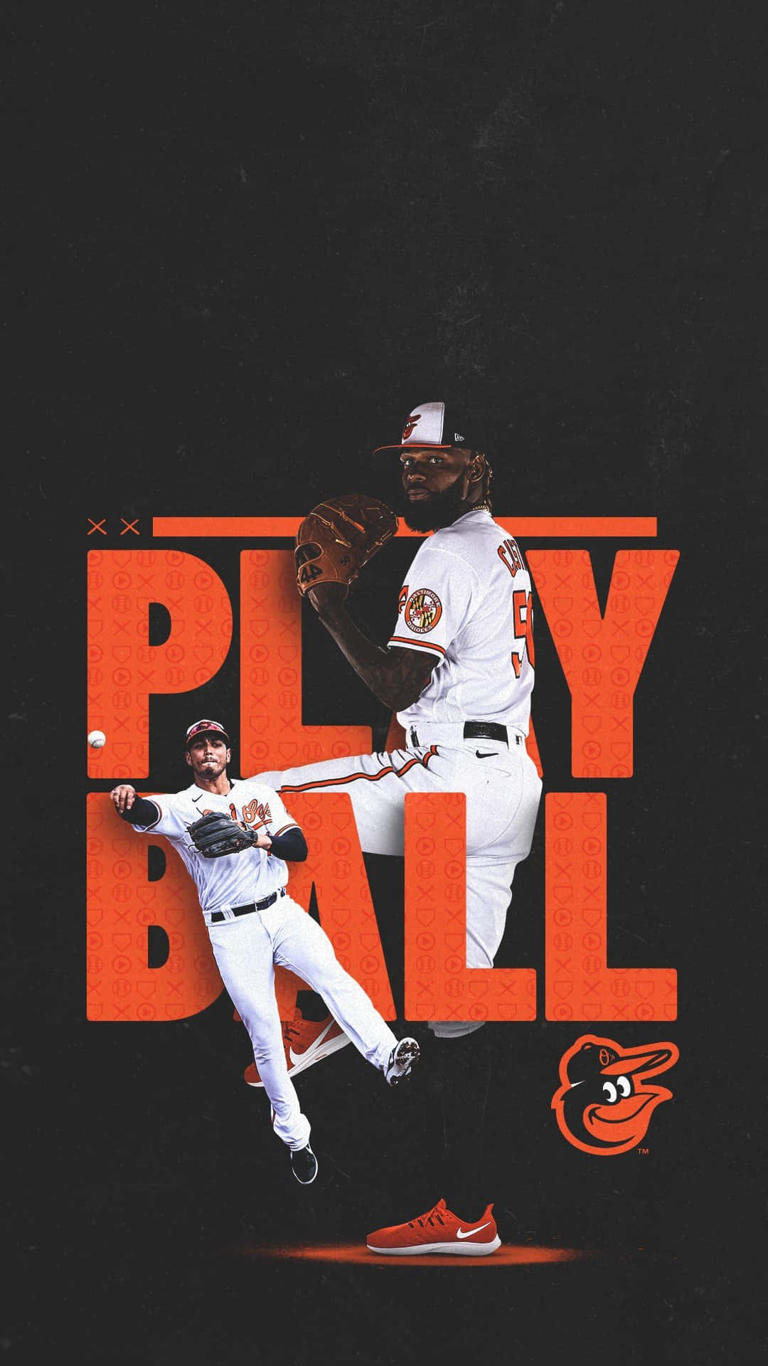 MLB 聯盟高張力棒球賽 壁紙 — 兩名身穿白色球衣的棒球選手在深色背景上，於粗體橙色「PLAY BALL」文字後方動態跳躍。
