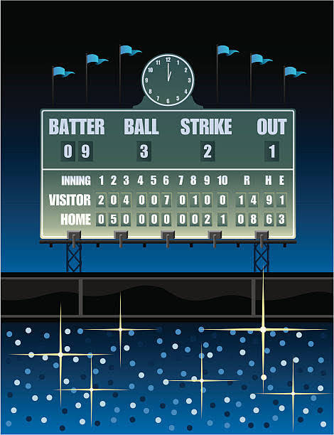 MLB比分數位藝術 壁紙 — 夜晚的復古棒球記分板，帶有發光的統計數據和上方的時鐘，倒映在下方閃爍的水面上。