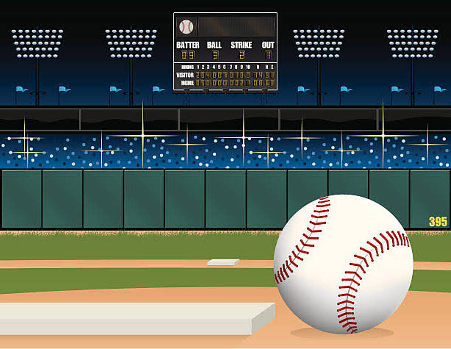 MLB比分棒球藝術 壁紙 — 一個巨大的棒球在夜間球場的本壘板上，旁邊有亮著的記分牌和泛光燈。