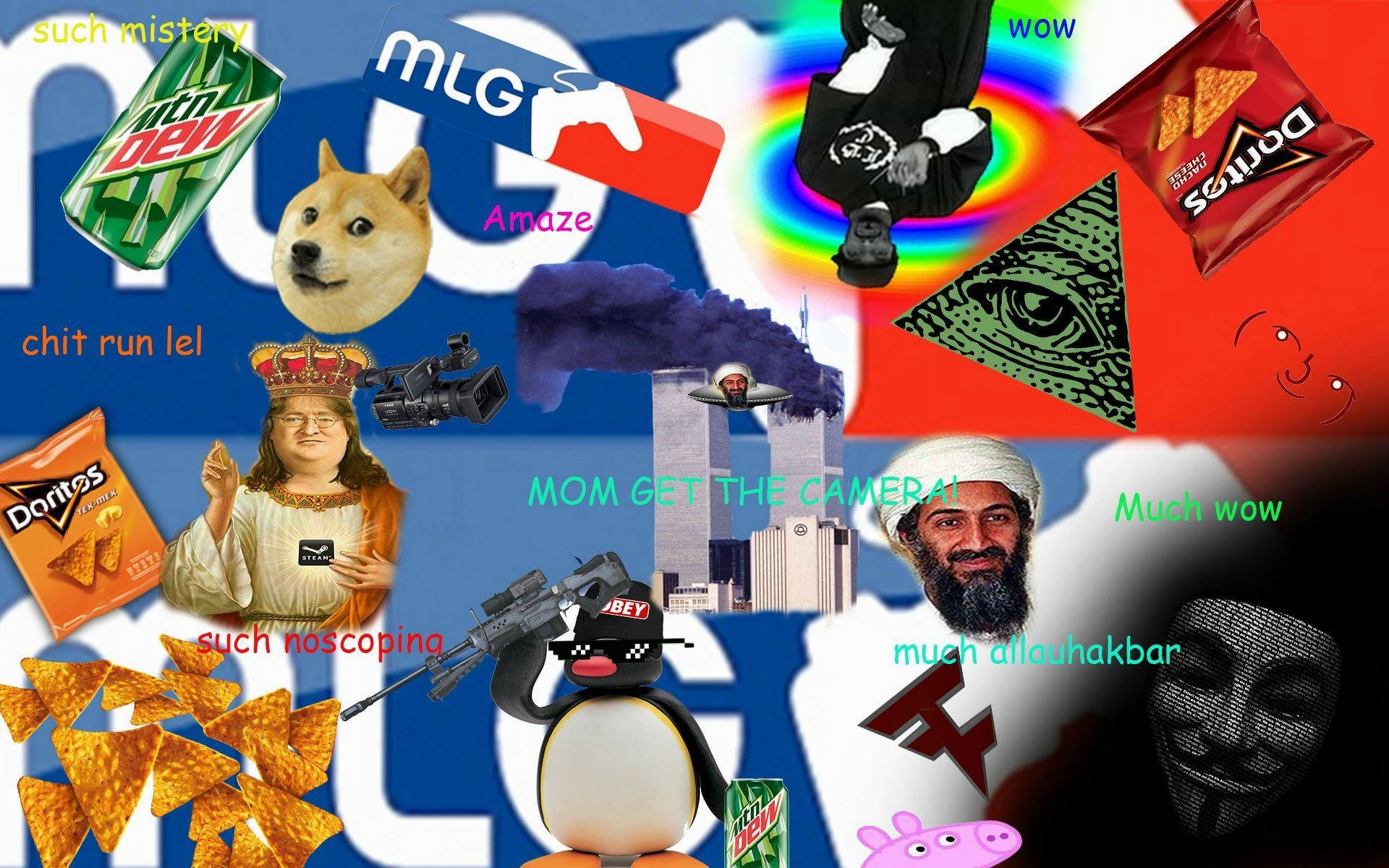 迷因合集 MLG 壁紙 — 一個混亂的拼貼畫，包含網絡迷因和流行文化圖標，包括 Doge、MLG、Doritos 和光明會之眼。