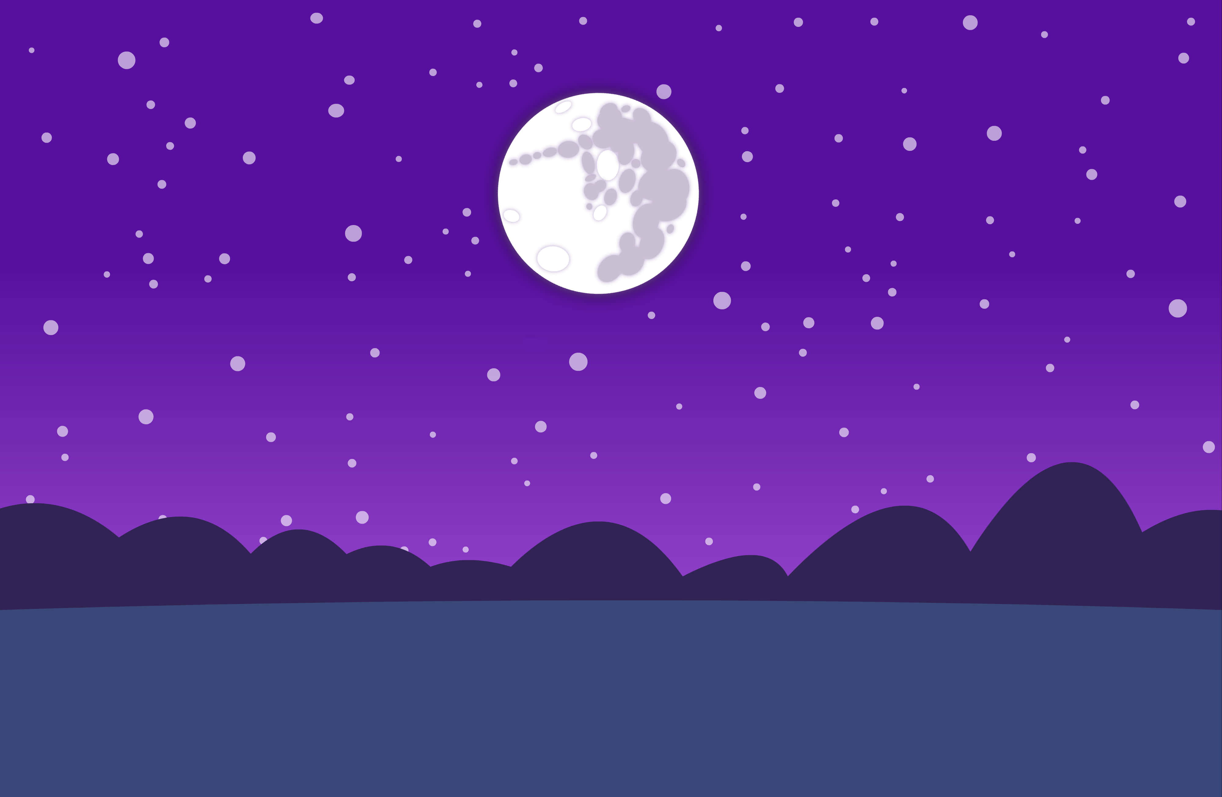 MLP 背景：露娜公主滿月 壁紙 — 一個風格化的紫色夜空，上面有詳細的月亮和散落的星星，下方是黑暗的輪廓山丘。