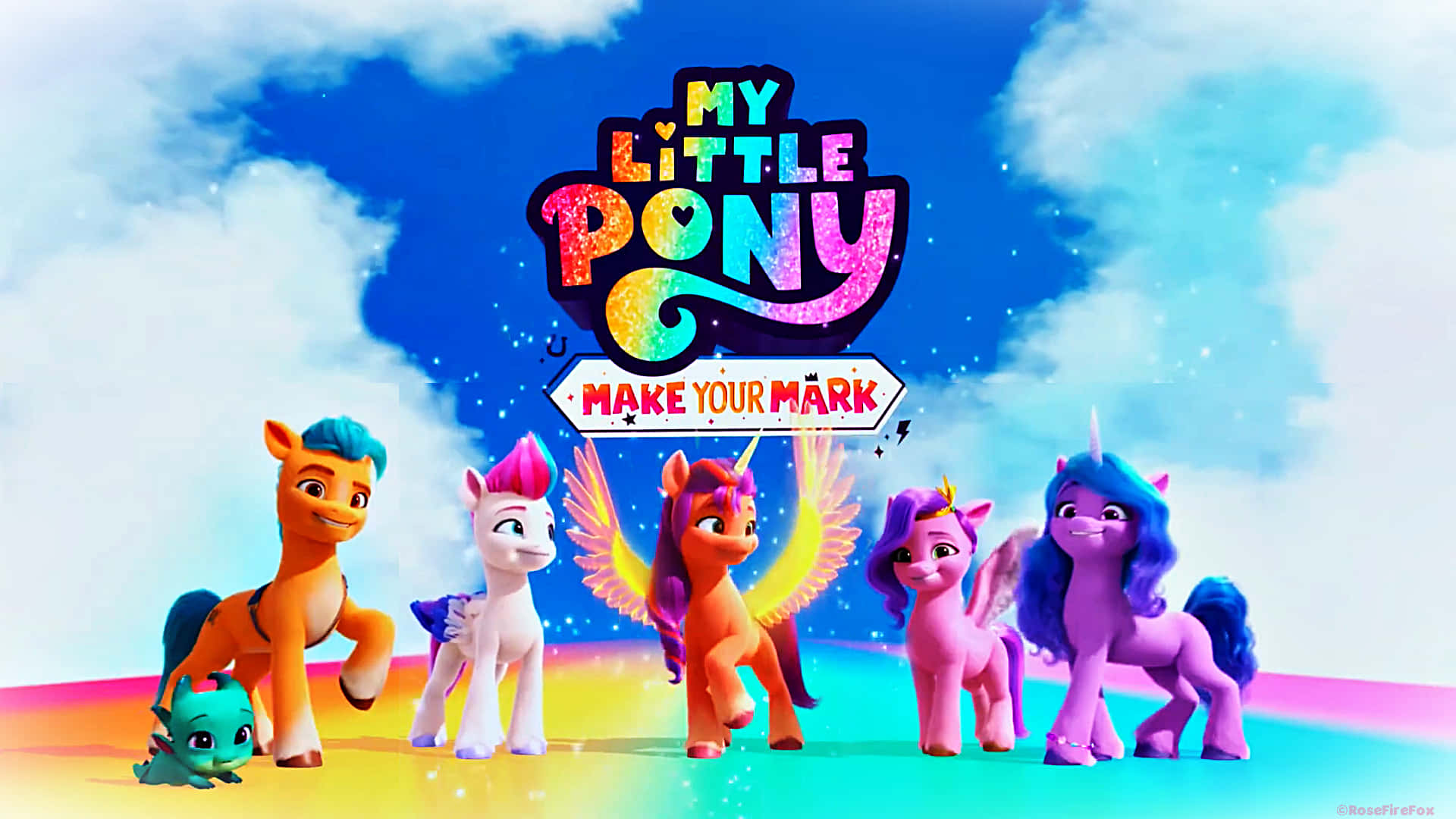 My Little Pony 角色在彩虹上，以藍天為背景。