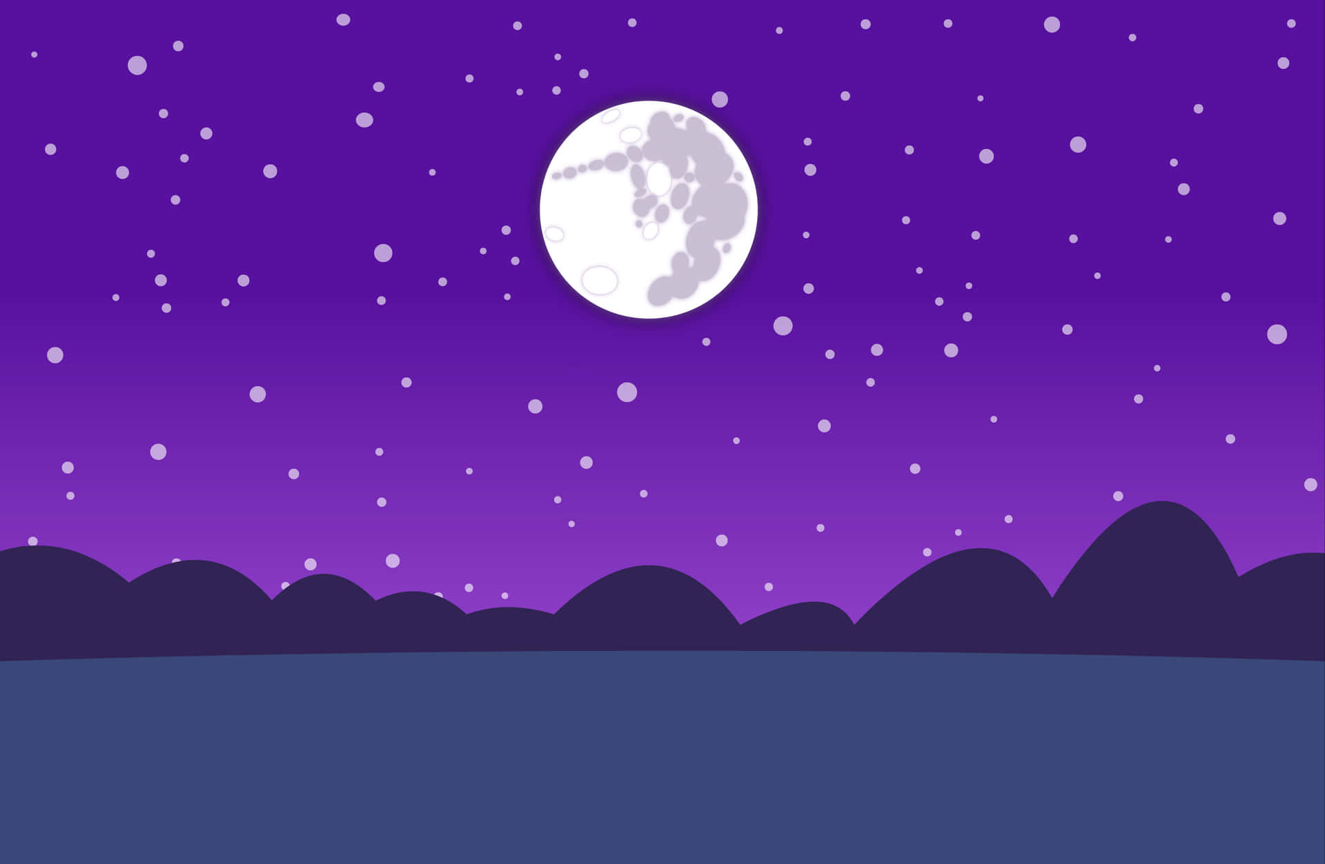 紫色夜空，月亮和星星，黑暗山丘上方。