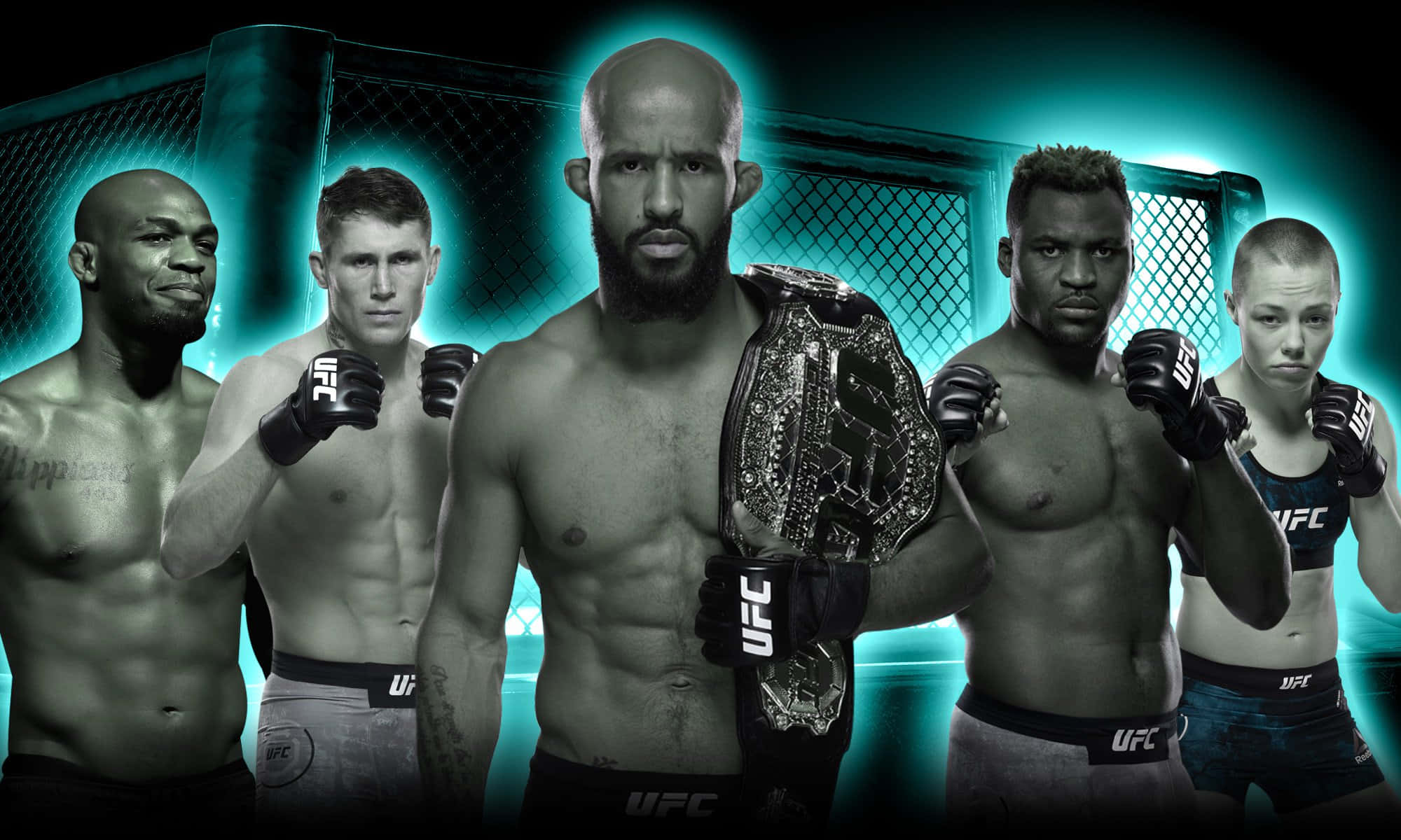 德米特里烏斯·約翰遜與MMA選手海報 壁紙 — 五名UFC拳手以戰鬥姿勢站立，冠軍腰帶在八角籠中的青綠色燈光下閃耀。