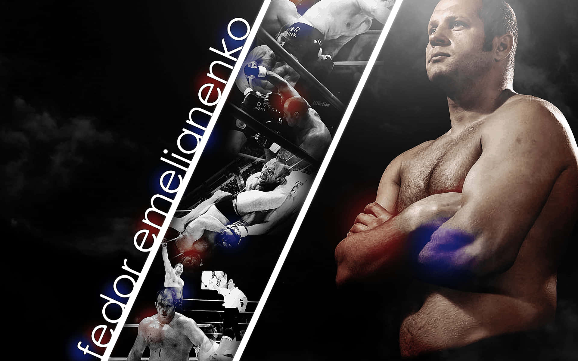 俄羅斯MMA選手費多爾·埃米利安諾夫圖像藝術 壁紙 — 一張戲劇性的分割圖像，拳擊手費多爾·埃梅利亞年科自信地站在他拳擊生涯的動作鏡頭旁。