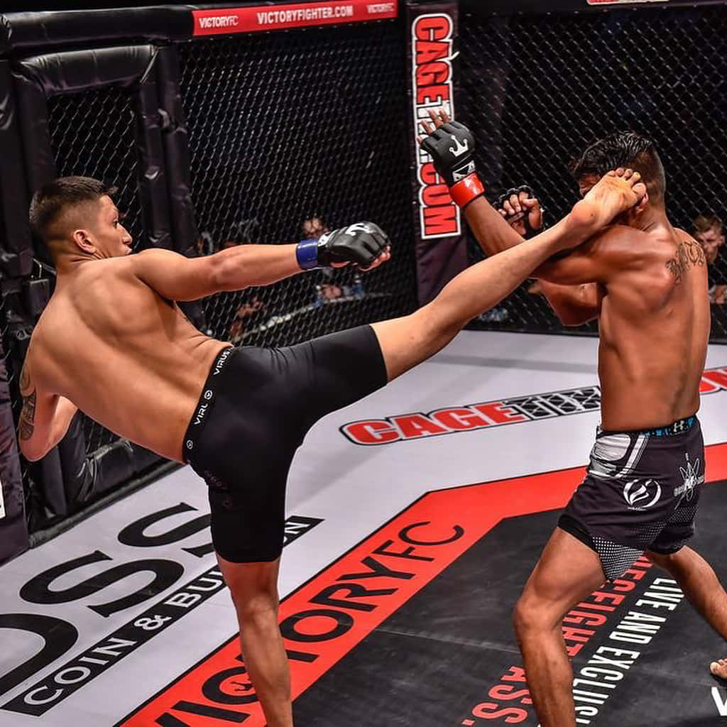兩名MMA拳手在籠內，其中一人向另一人使出高踢。
