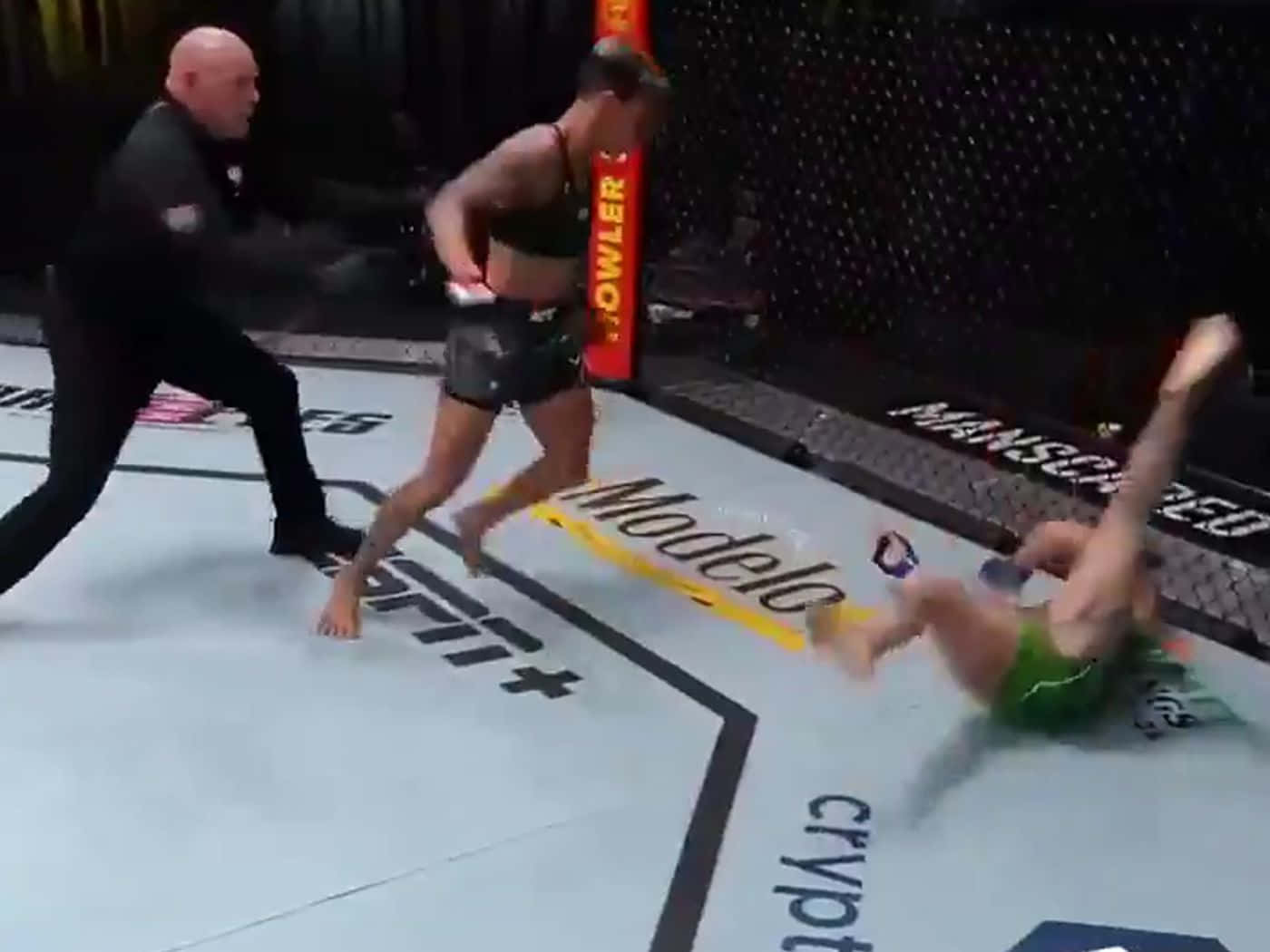 MMA戰士擊倒瞬間 壁紙 — 一名身穿黑色短褲的女拳手在MMA八角籠內向身穿綠色短褲、正向後倒下的對手發出強力一踢。