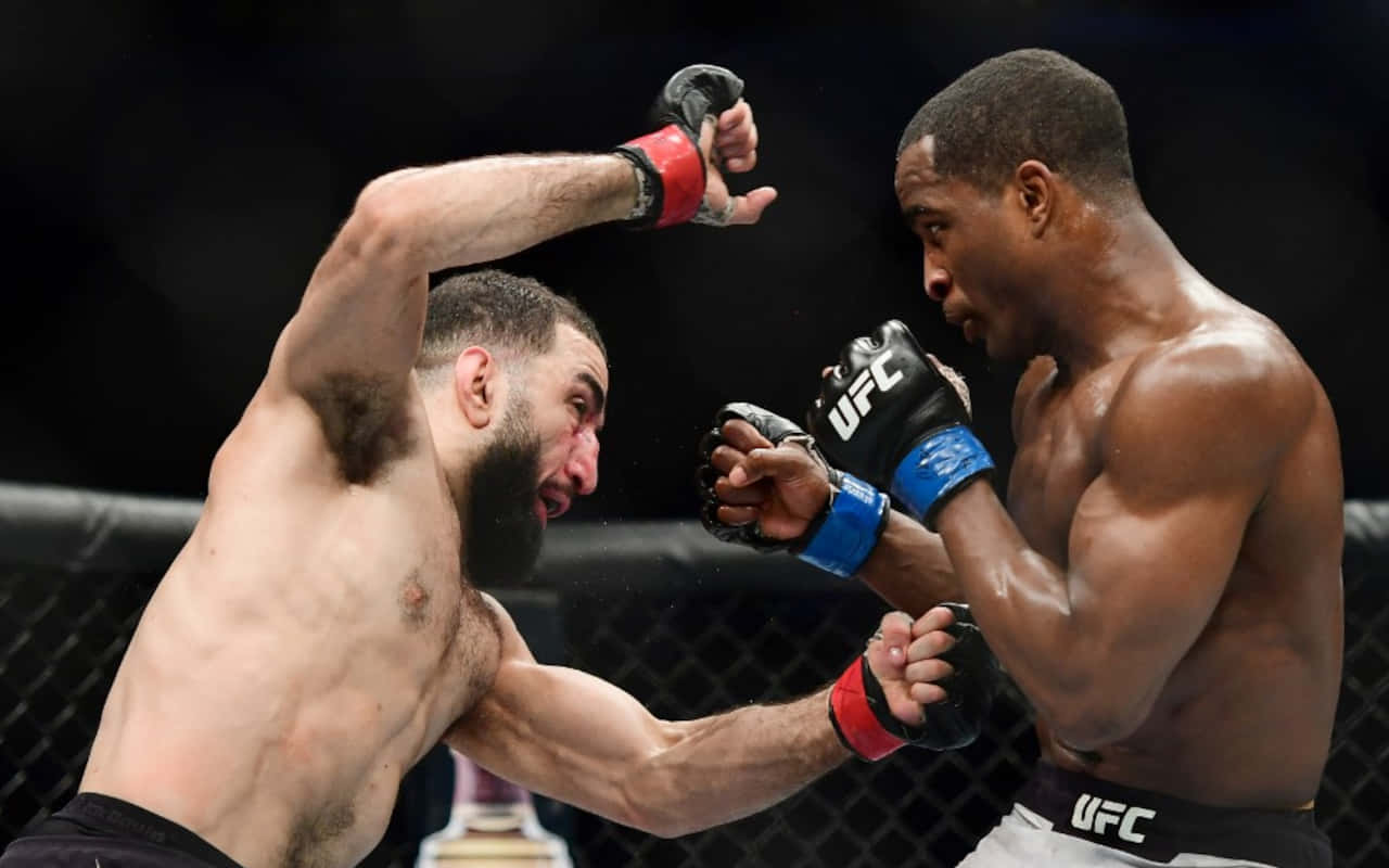 兩名男拳手在UFC籠中互相出拳，進行綜合格鬥比賽。