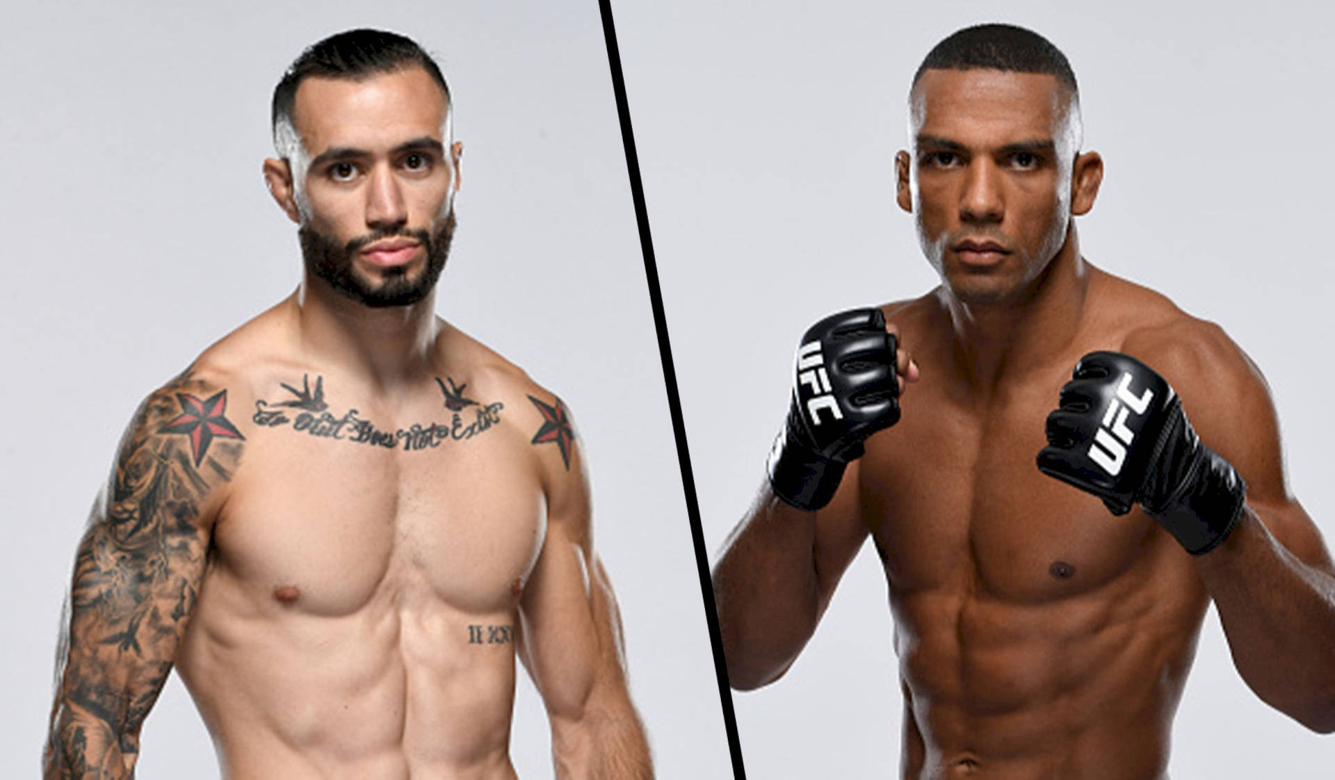 MMA選手Shane Burgos與Edson Barboza激烈對決 壁紙 — 兩名肌肉發達的男性MMA拳手在灰色分割背景前激烈擺姿勢，一人有紋身，另一人戴手套。