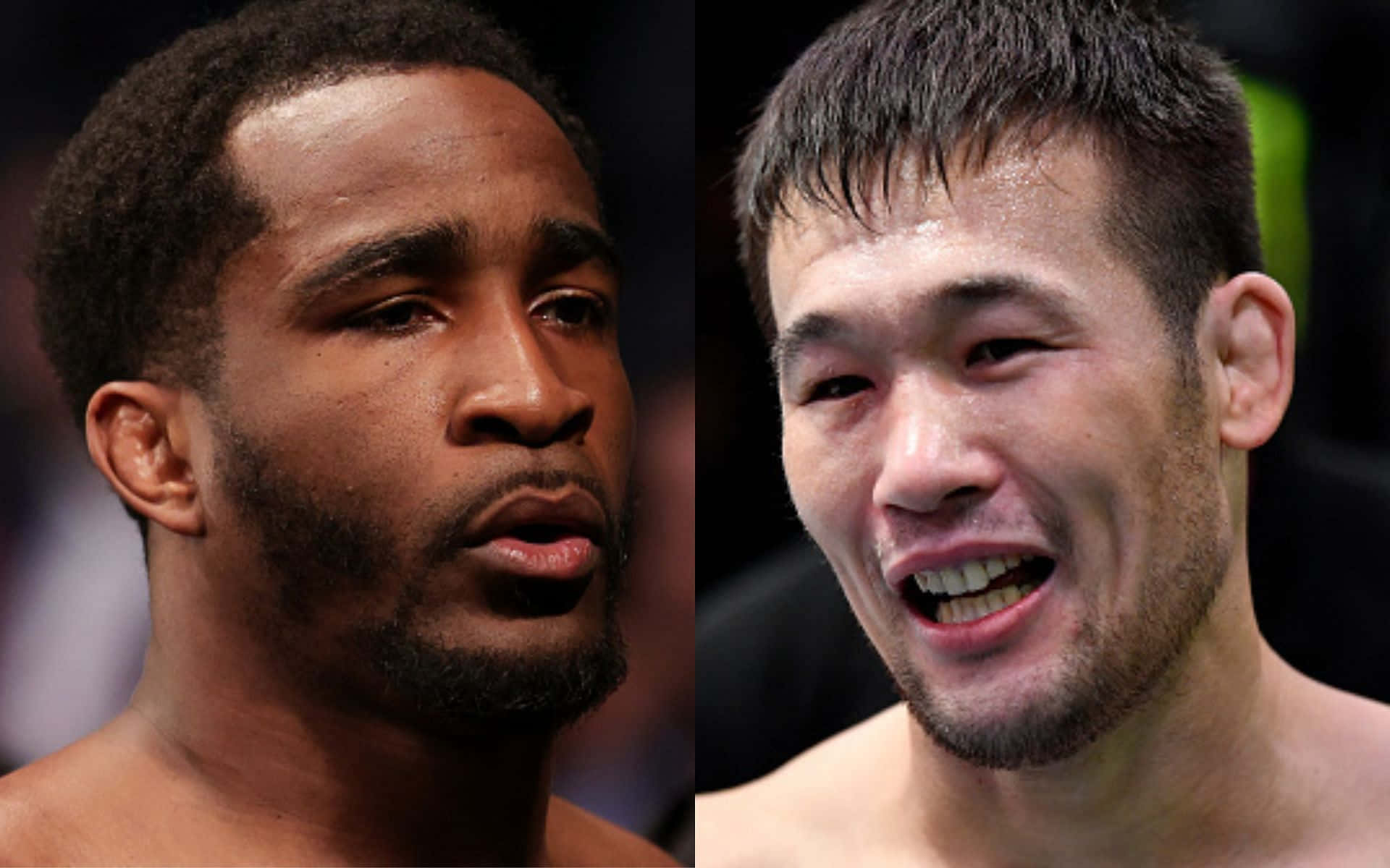 MMA選手分屏對比 壁紙 — 兩名男性拳手在分屏肖像中對峙，一人神情專注、充滿鬥志，另一人則咧嘴而笑，額頭滿是汗水。