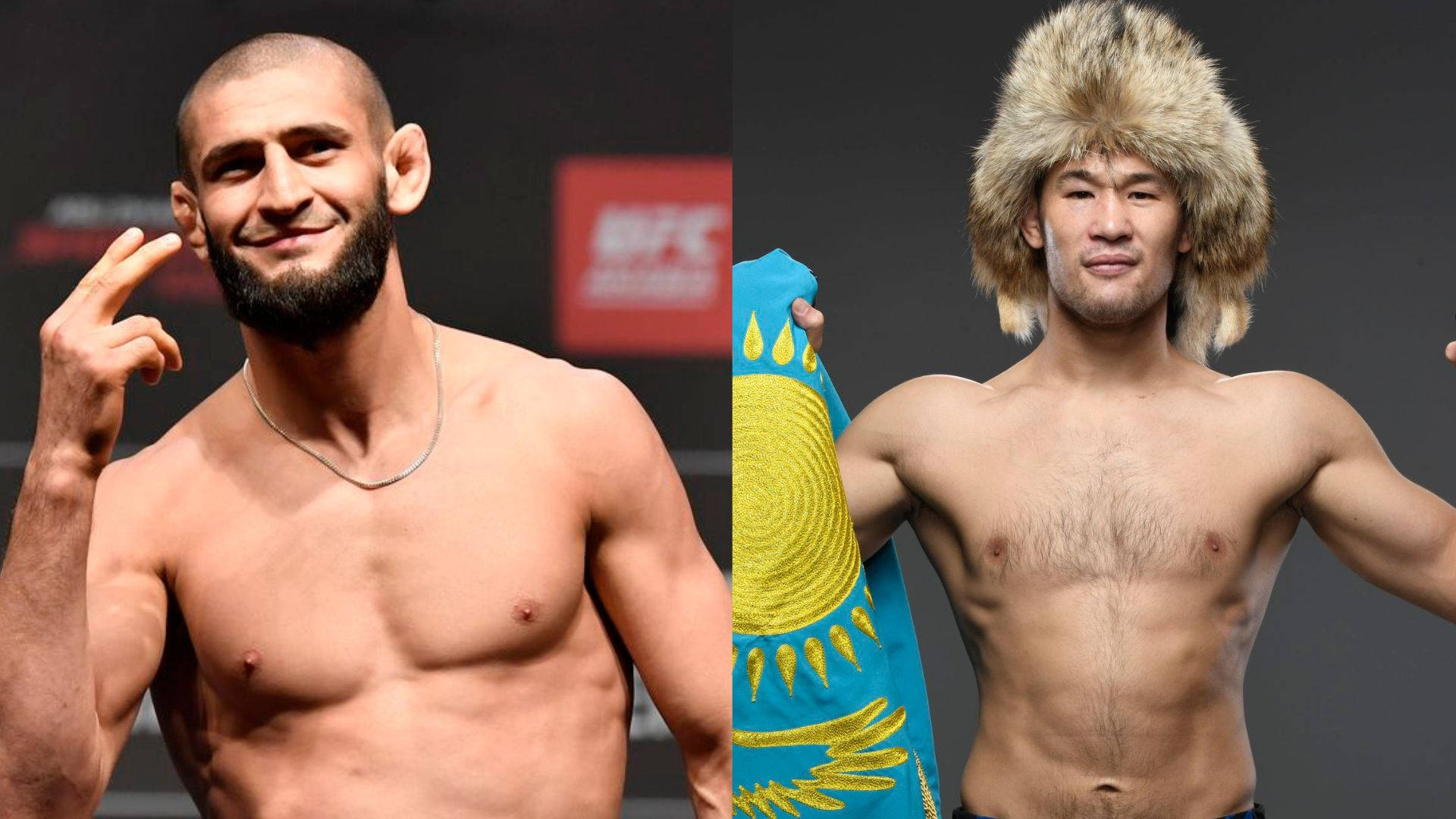 兩名赤裸上身的男性UFC拳手，一人留鬍子做出和平手勢，另一人戴毛帽手持哈薩克國旗。