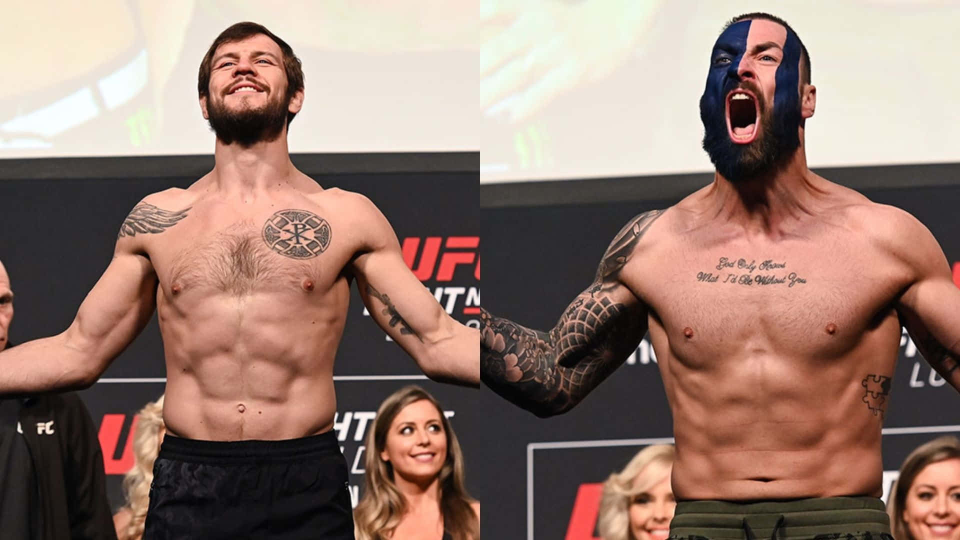 MMA選手尼基塔·克里洛夫與保羅·克萊格登台 壁紙 — 兩位肌肉發達的UFC拳手在稱重時赤裸上身擺姿勢，一位微笑，另一位臉上塗著藍色顏料尖叫。