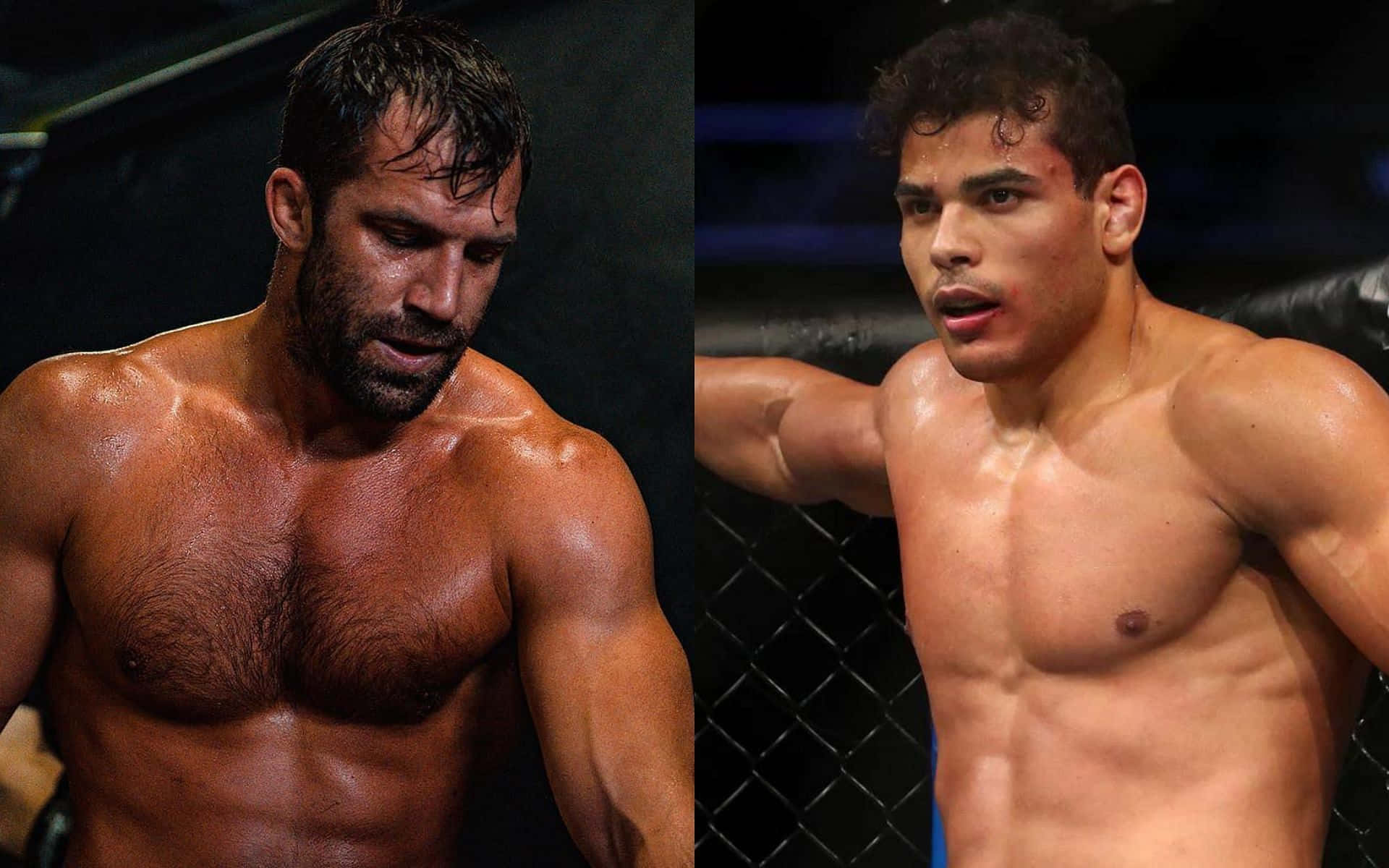 MMA選手盧克·羅克霍德與保羅·科斯塔插畫 壁紙 — 兩名汗流浹背的男性拳手在籠中，於明亮的場館燈光下，在綜合格鬥比賽中激烈對視。