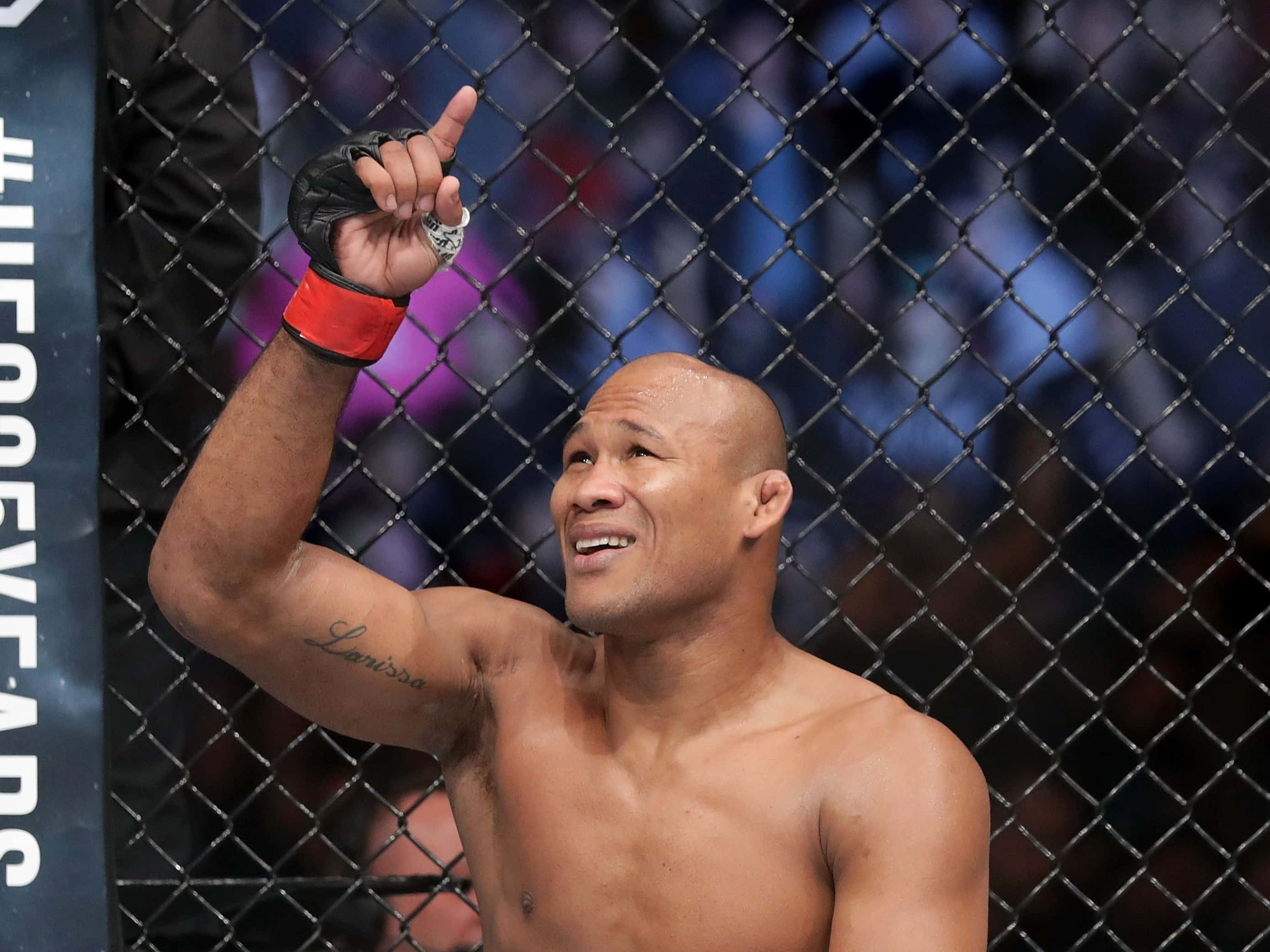 MMA選手羅納爾多·蘇薩舉指向上 壁紙 — 一位勝利的綜合格鬥選手在籠內舉起戴手套的拳頭慶祝，手臂上的紋身清晰可見。