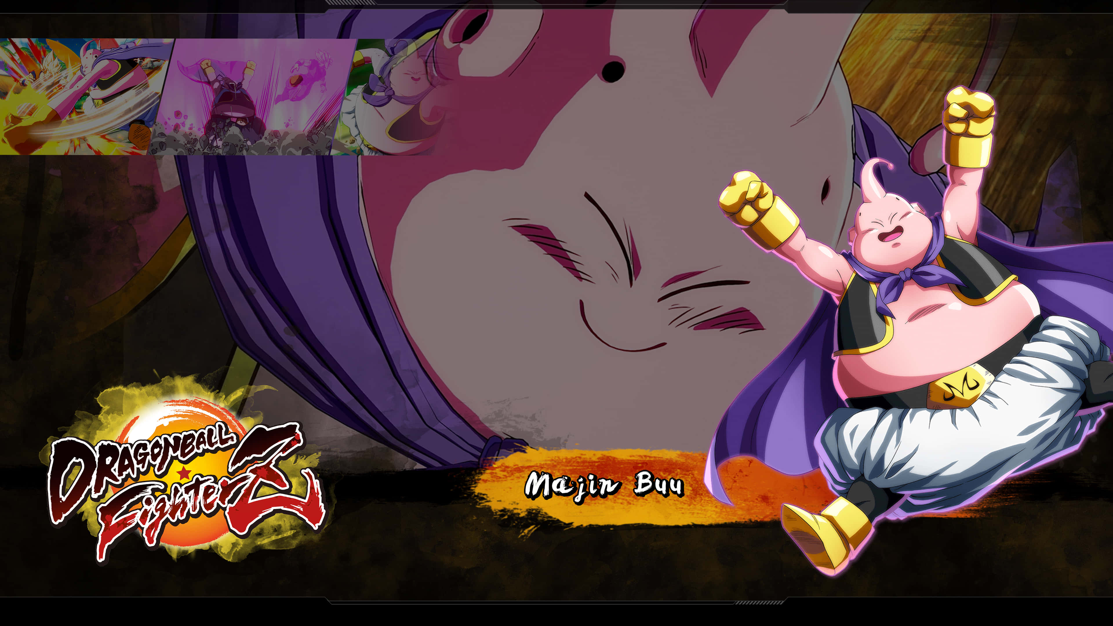Buu 桌布 壁紙 — 魔人布歐在遊戲介面中愉快地漂浮，身後有一個巨大的笑臉。