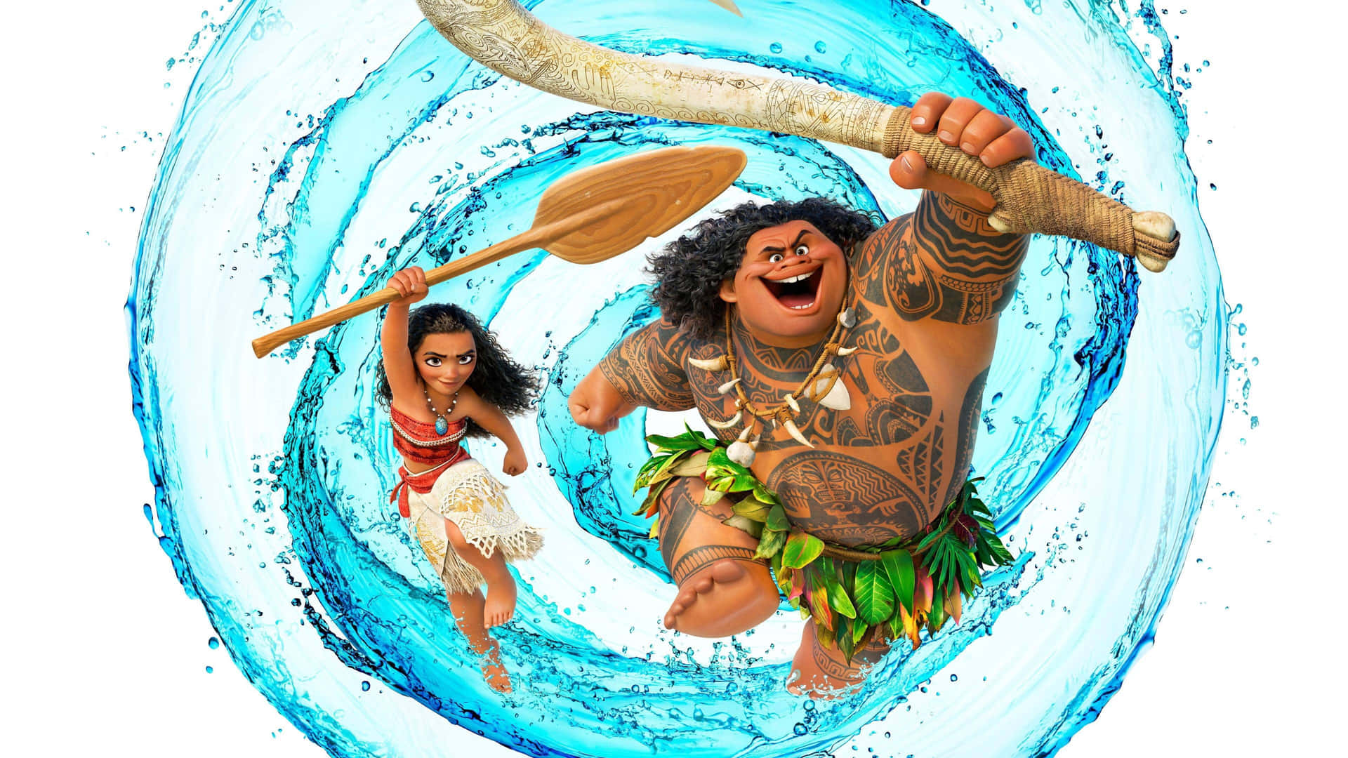 Moana 和 Maui 用槳在旋轉的藍色水漩渦中衝浪。