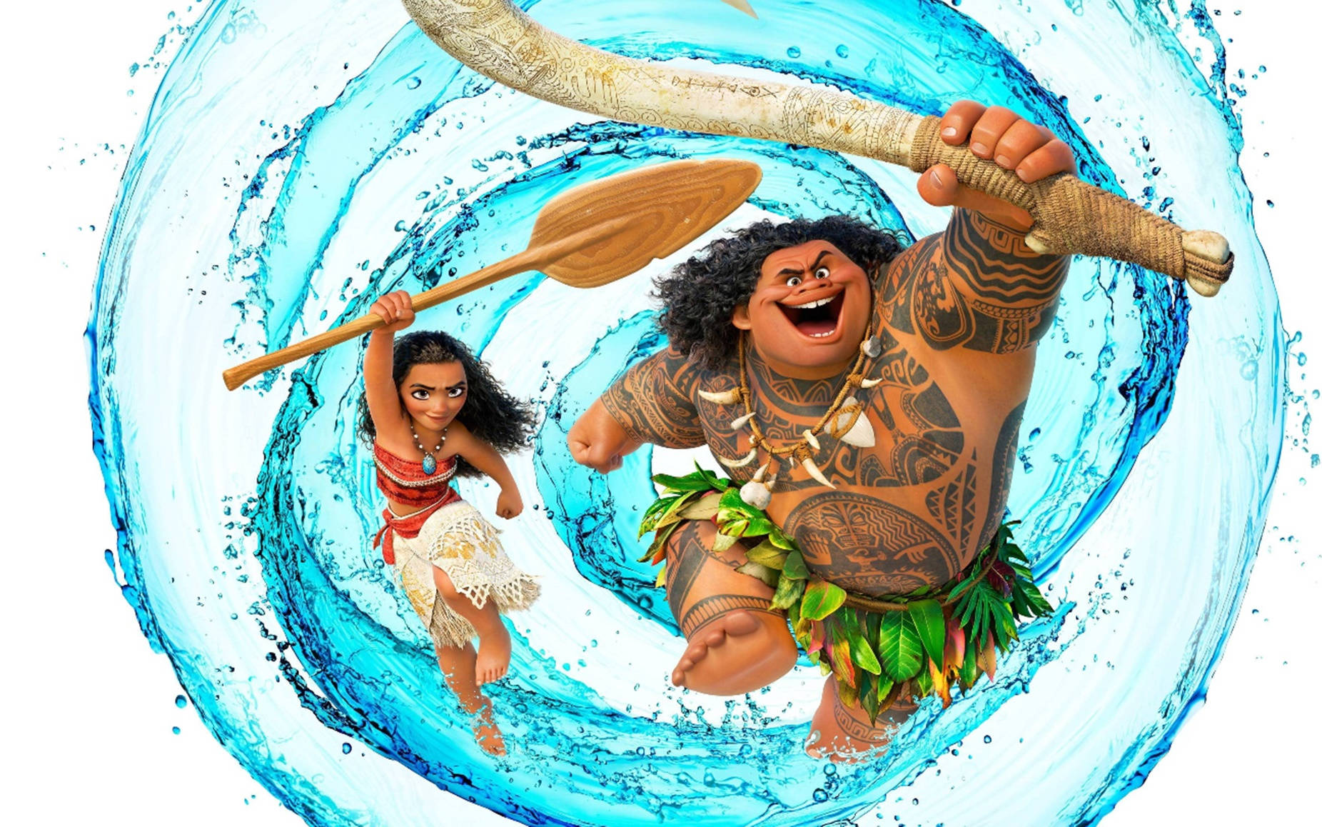 Moana 桌布 壁紙 — Moana 和 Maui 在生動的動畫場景中，愉快地划過旋轉的藍色海浪。