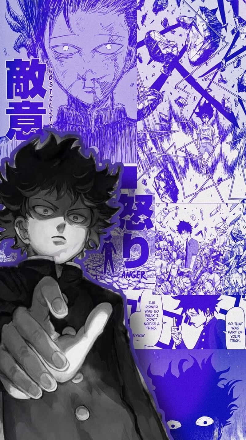 Mob Psycho 影山茂夫畫面 壁紙 — 一個漫畫風格的動漫角色，在紫色背景的漫畫格中，以強烈的表情向前指，顯示憤怒和敵意。