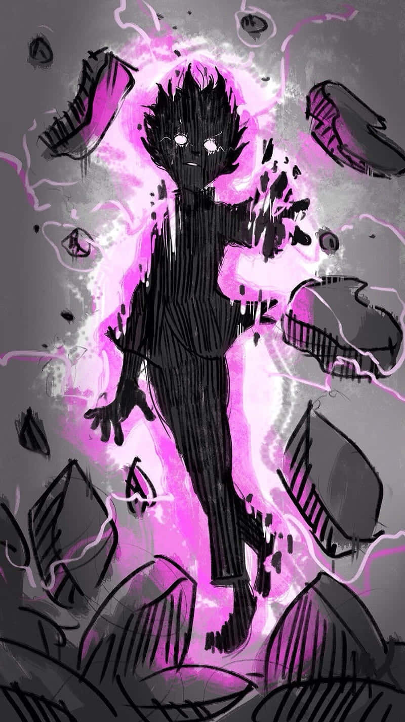 Mob Psycho 電解質風格畫面 壁紙 — 一個風格化的黑色人物，周圍環繞著發光的粉紅色能量爆發和破碎的碎片，呈現出動態的動漫插圖。