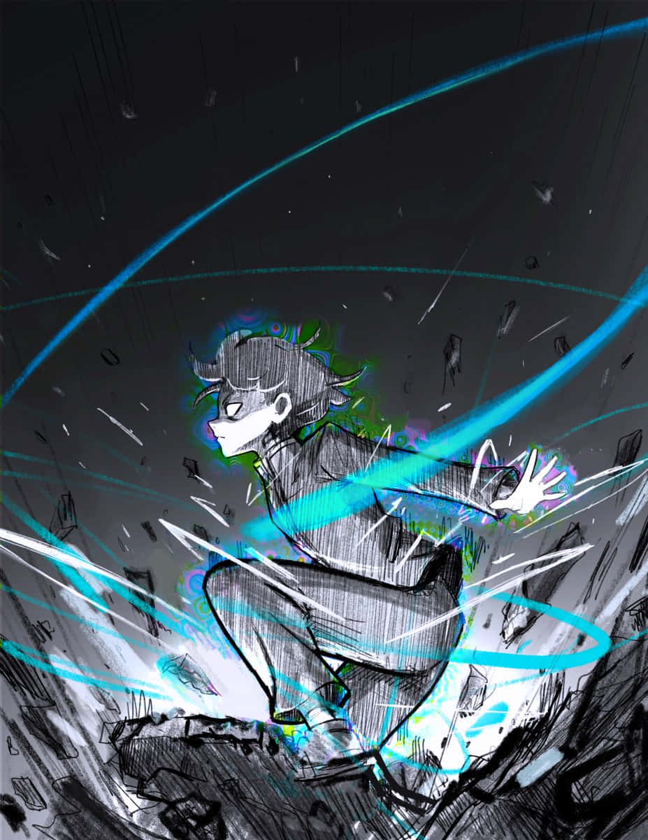 Mob Psycho 驚豔畫面 壁紙 — 一個有角的動漫角色在動態素描風格戰鬥場景中釋放出發光的藍色能量。