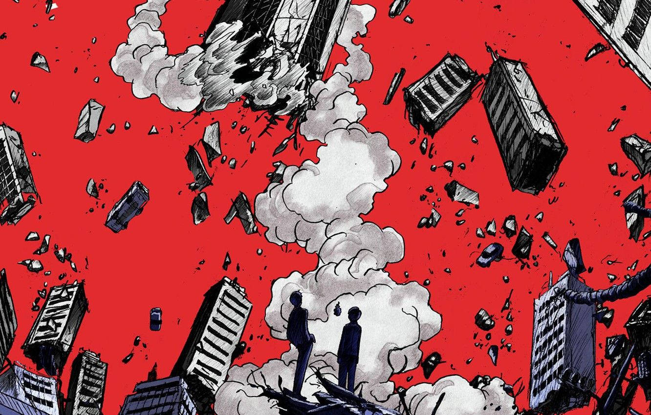 Mob 的超自然力量出現意外轉折 壁紙 — 兩個剪影人物站在瓦礫上，摩天大樓在鮮紅的天空中爆炸並墜落。