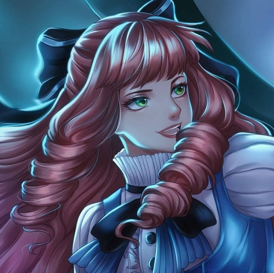 《Mobile Legends》桂妮維爾藍花皮膚藍底同人圖 壁紙 — 一位美麗的動漫女孩，長長的紅褐色頭髮和綠色眼睛，穿著藍白相間的服裝，繫著黑色蝴蝶結，溫柔地微笑。
