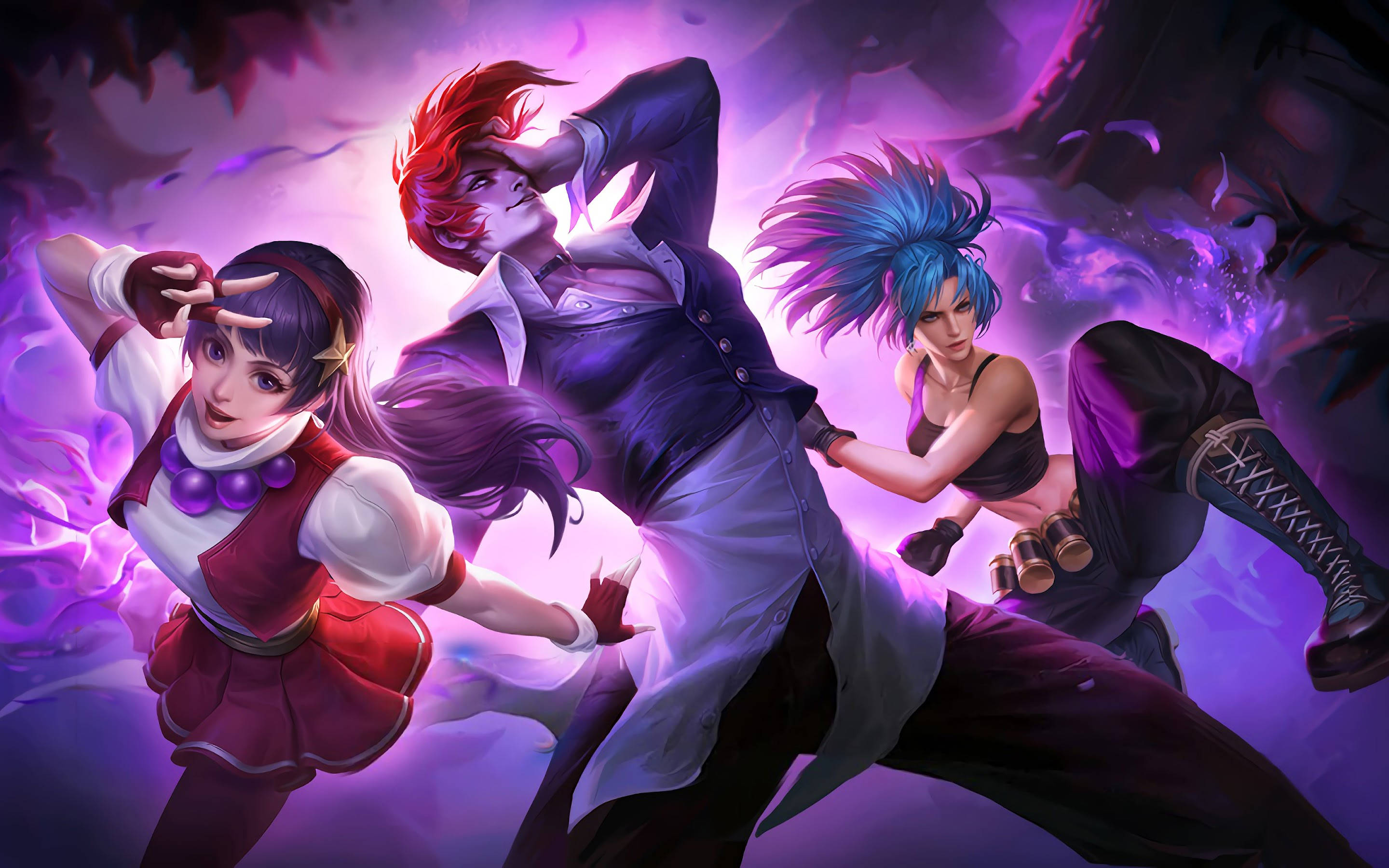 傳奇 Mobile Legends - 顧妮薇芙、周、卡莉娜 壁紙 — 三個動漫角色在旋轉的紫色能量背景下擺出動態戰鬥姿勢。