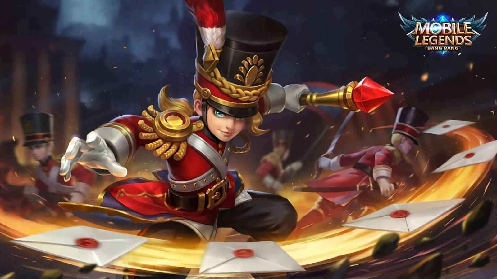 Mobile Legends 哈莉 壁紙 — 一個動態動漫角色穿著紅色和金色軍服，在旋轉的信封中揮舞著發光的手杖，處於戲劇性的戰鬥場景。