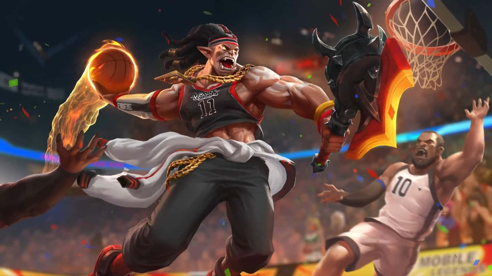 狂野控球手巴爾蒙德《Mobile Legends》 壁紙 — 一個火熱的惡魔籃球運動員穿著黑色球衣，號碼11，跳起入樽，手持火焰球，而一個人類防守者穿著白色球衣，號碼10，試圖封阻。