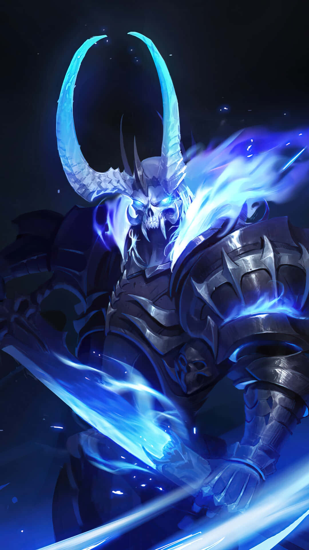 戰鬥幽靈狂怒巴爾蒙德《Mobile Legends》 壁紙 — 一個帶有發光藍色角和火焰藍色能量的威脅性裝甲惡魔，在黑暗的宇宙背景下揮劍。