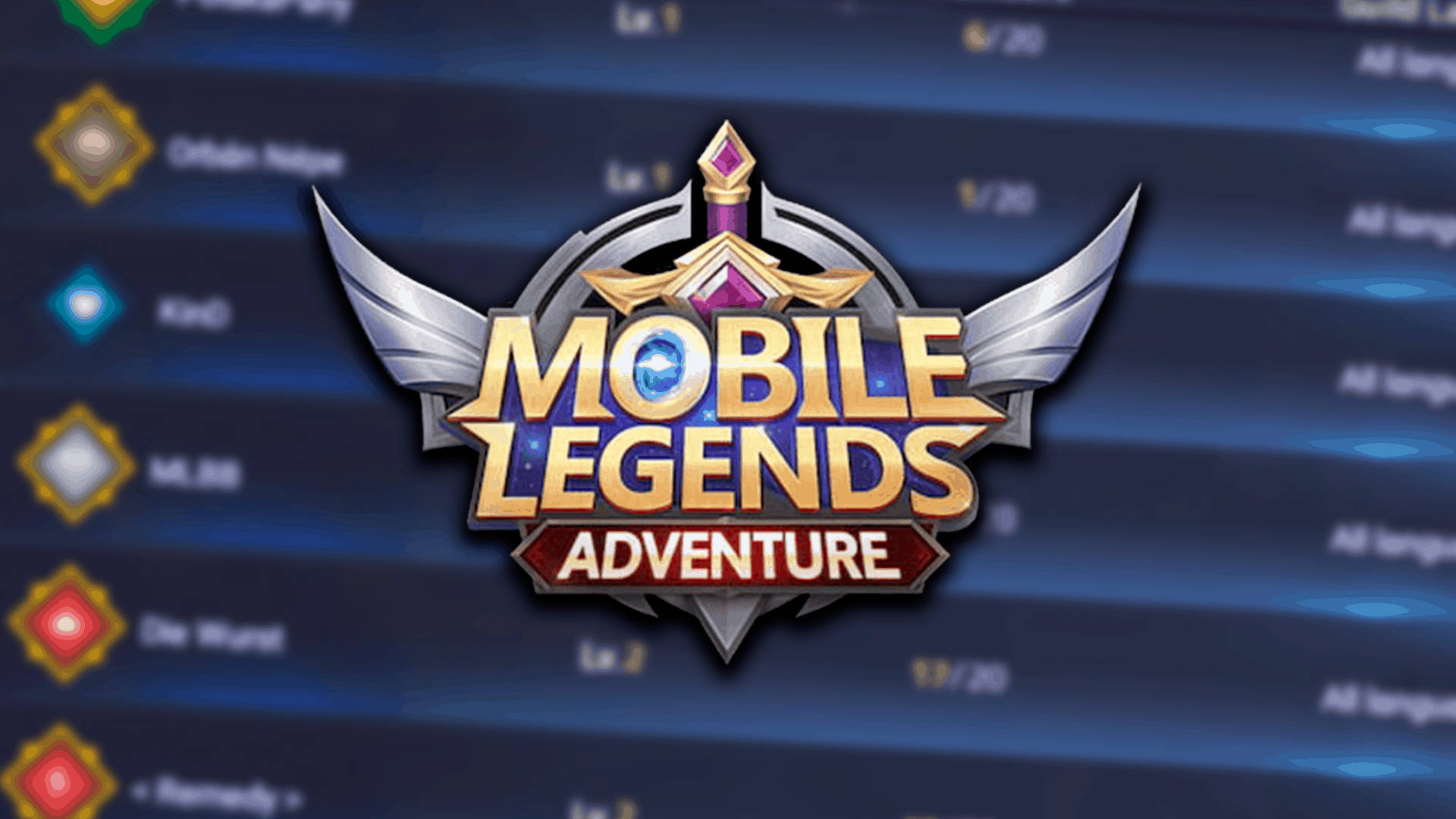 數碼界面上的 Mobile Legends Adventure 遊戲標誌，帶有翅膀和寶石。