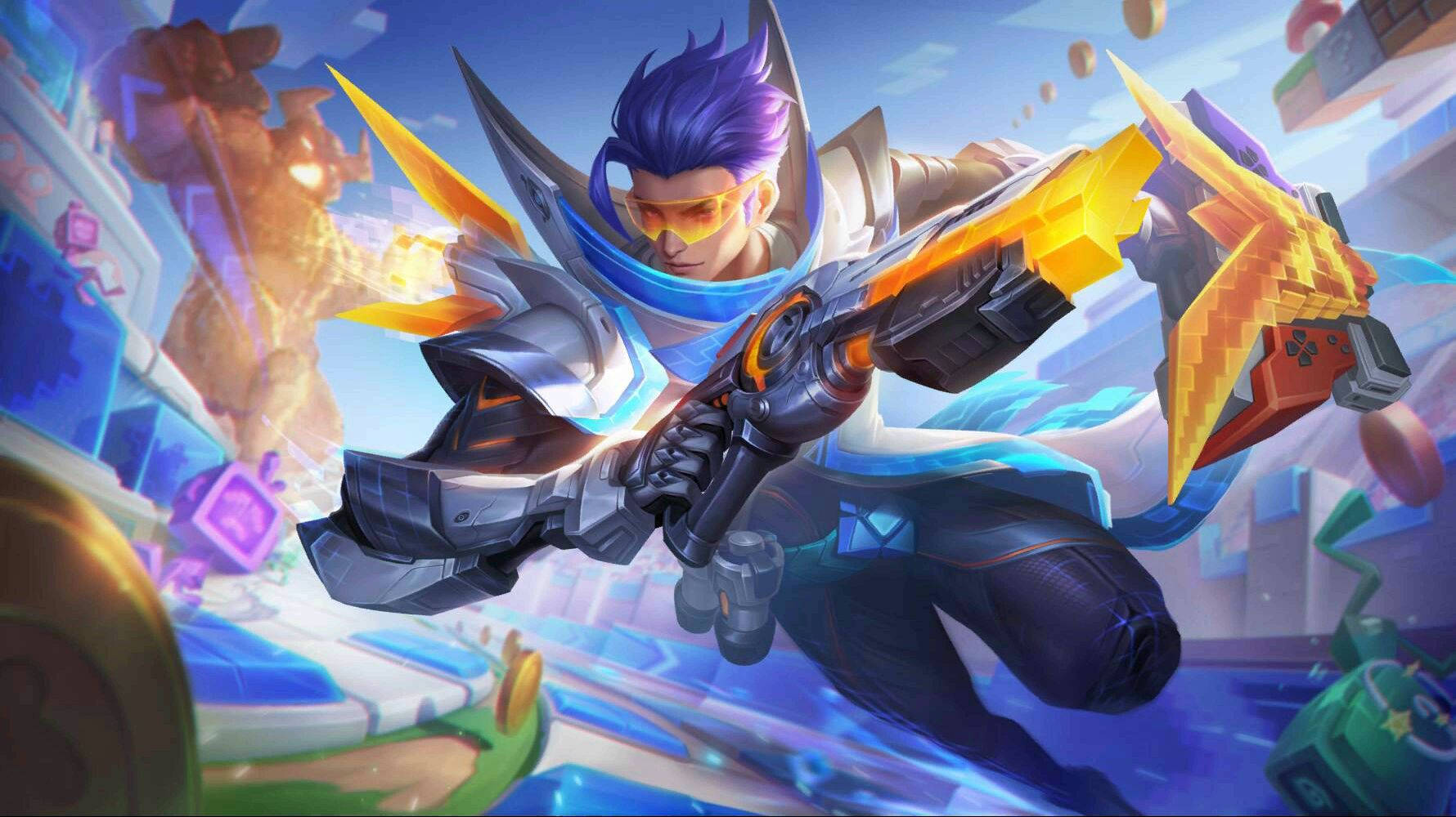 身著未來盔甲、揮舞發光武器的動漫遊戲角色。